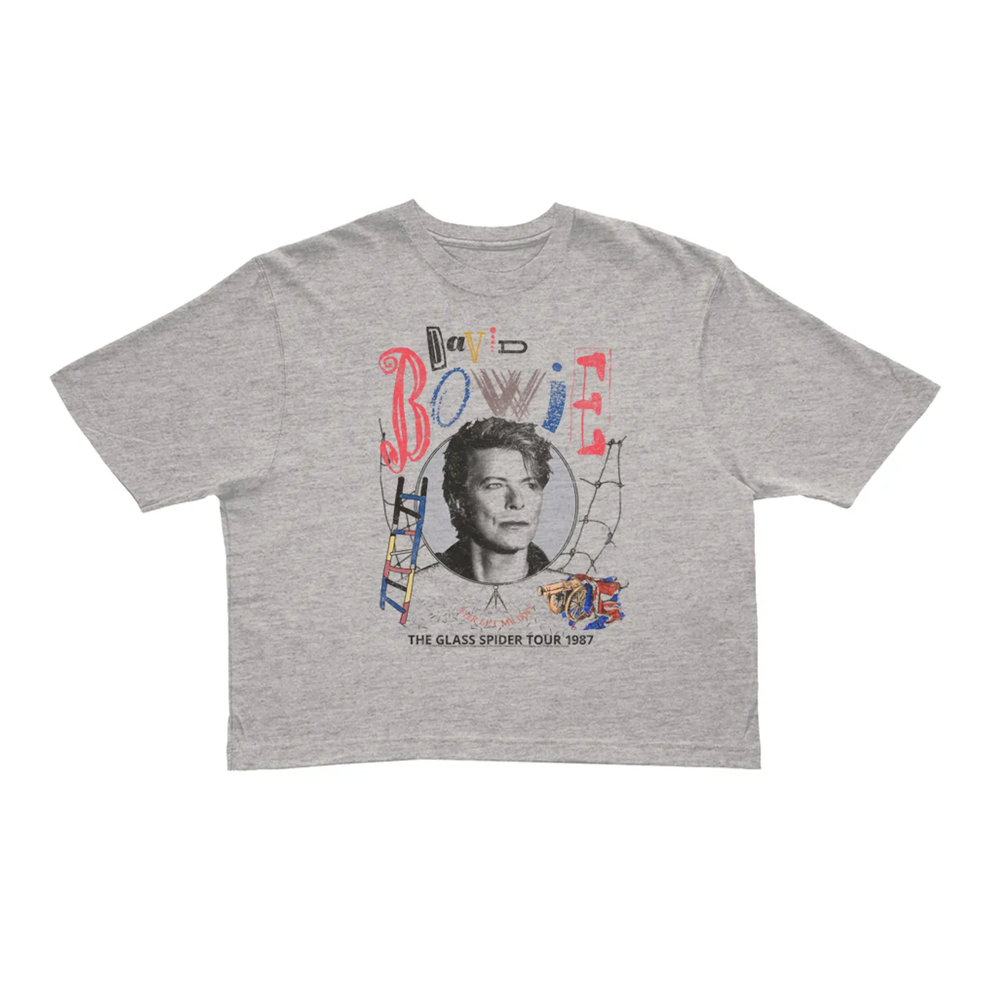 David Bowie Ladies' Crop Tee | Never Let Me Down The Glass Spider Tour 1987 Distressed David Bowie Crop T-shirt