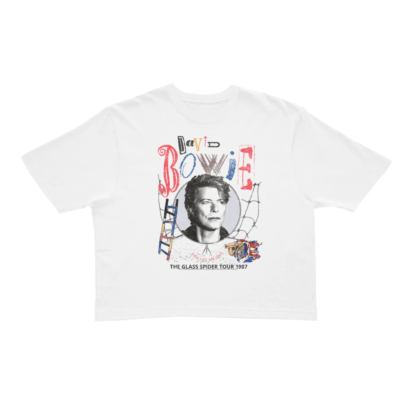 David Bowie Ladies' Crop Tee | Never Let Me Down The Glass Spider Tour 1987 Distressed David Bowie Crop T-shirt