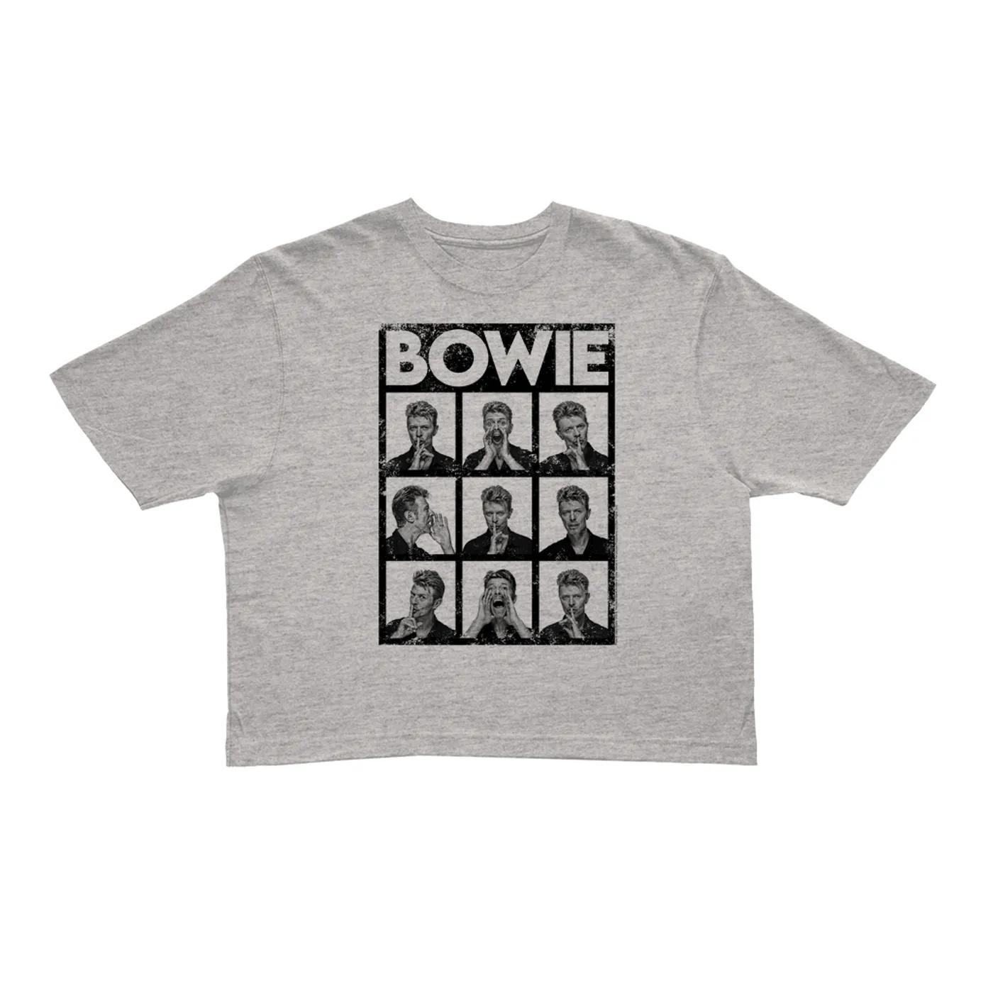 David Bowie Ladies' Crop Tee | Black And White Photo Shoot Collage Design Distressed (Merchbar Exclusive) David Bowie Crop T-shirt