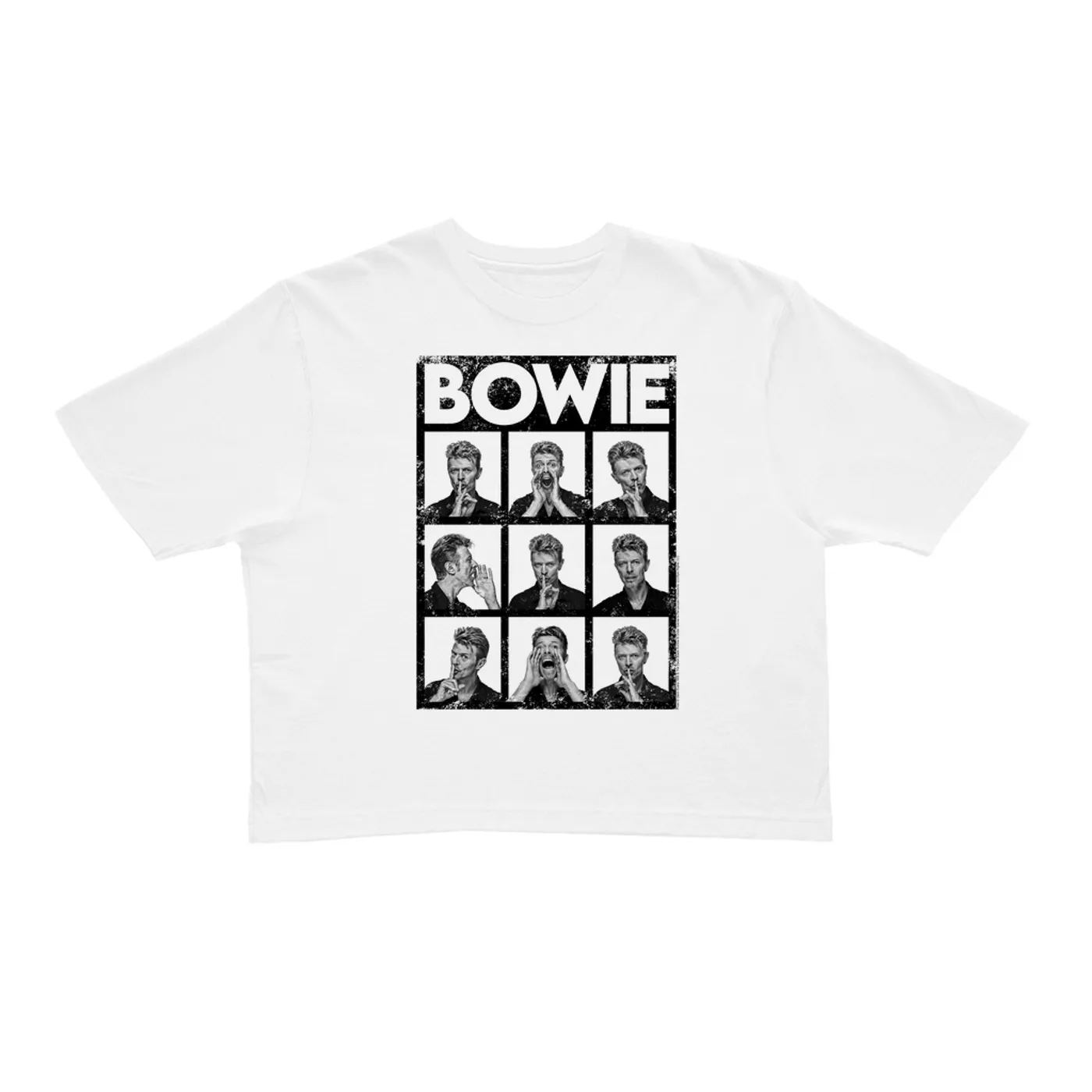 David Bowie Ladies' Crop Tee | Black And White Photo Shoot Collage Design Distressed (Merchbar Exclusive) David Bowie Crop T-shirt