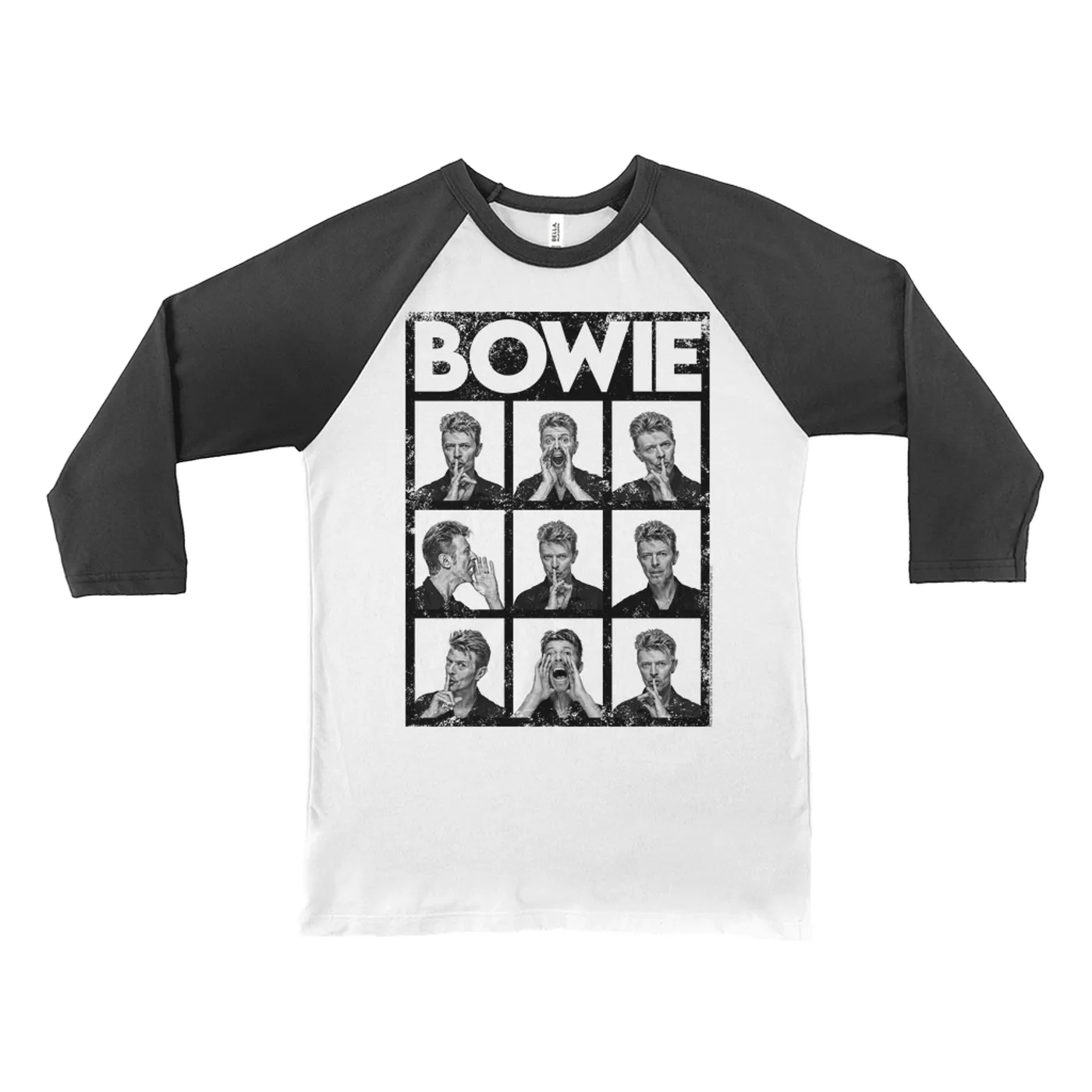 David Bowie 3/4 Sleeve Baseball Tee | Black And White Photo Shoot Collage Design Distressed (Merchbar Exclusive) David Bowie Shirt