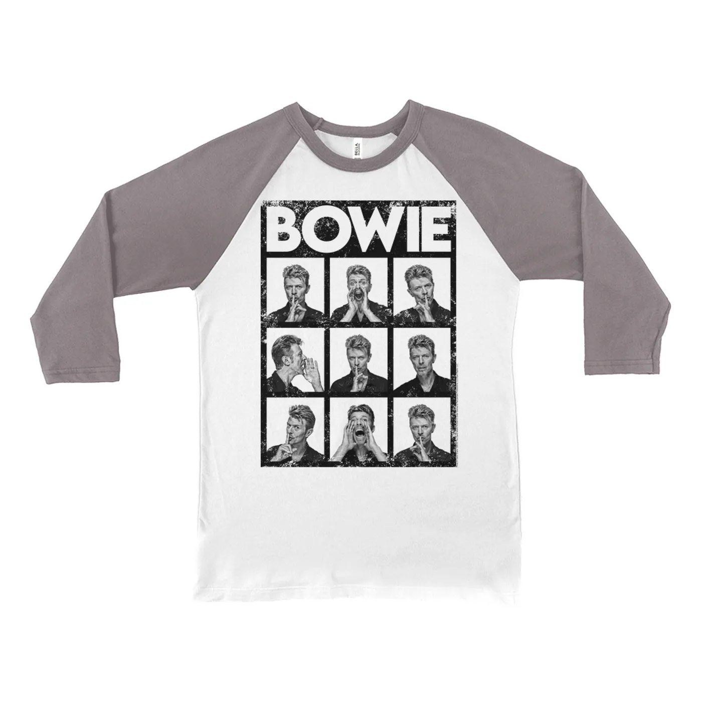 David Bowie 3/4 Sleeve Baseball Tee | Black And White Photo Shoot Collage Design Distressed (Merchbar Exclusive) David Bowie Shirt