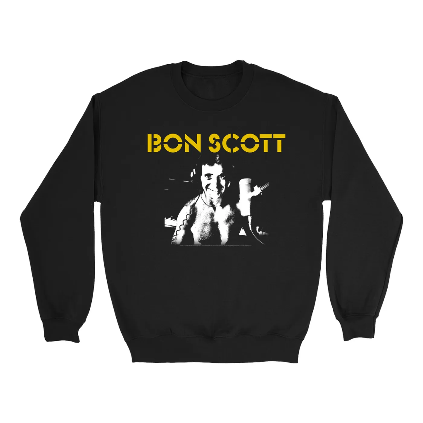 Bon Scott Sweatshirt | Black And White With Yellow Stencil Logo Bon Scott Sweatshirt