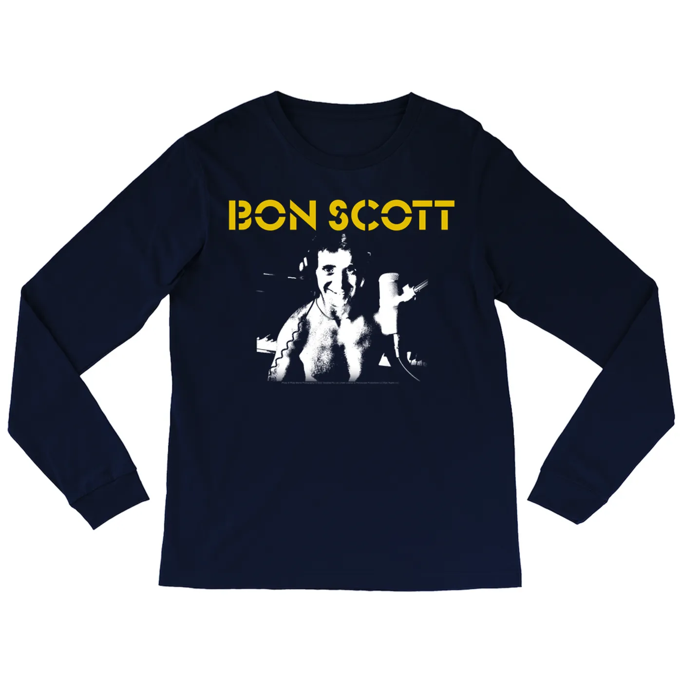 Bon Scott Long Sleeve Shirt | Black And White With Yellow Stencil Logo Bon Scott Shirt