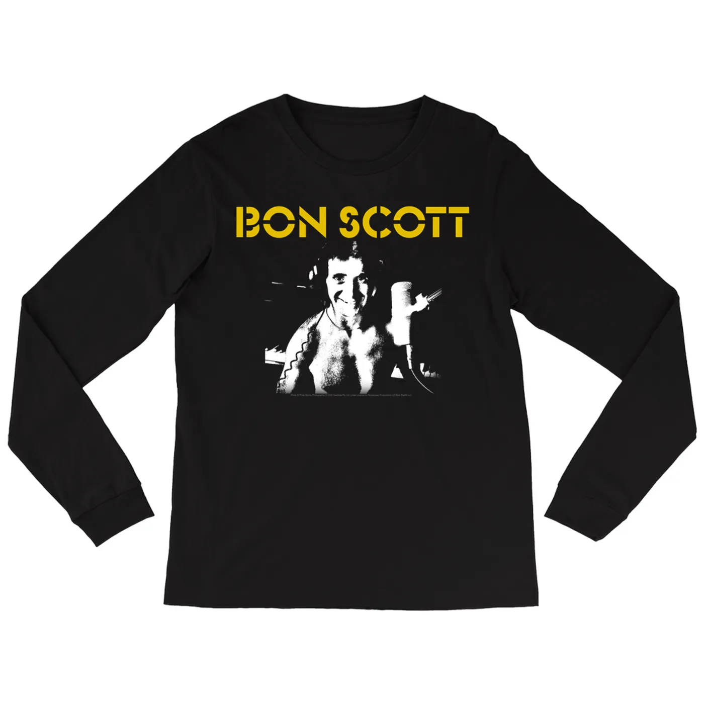 Bon Scott Long Sleeve Shirt | Black And White With Yellow Stencil Logo Bon Scott Shirt