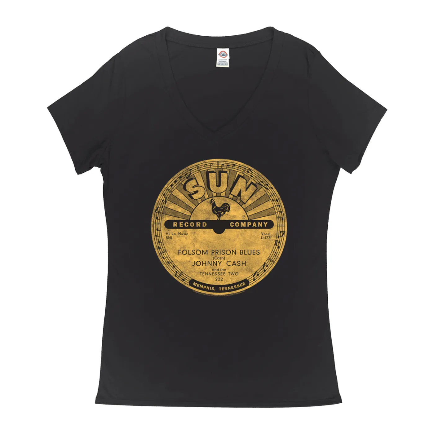 Johnny Cash Ladies' V-neck T-Shirt | Folsom Prison Blues Record Label Distressed Johnny Cash Shirt