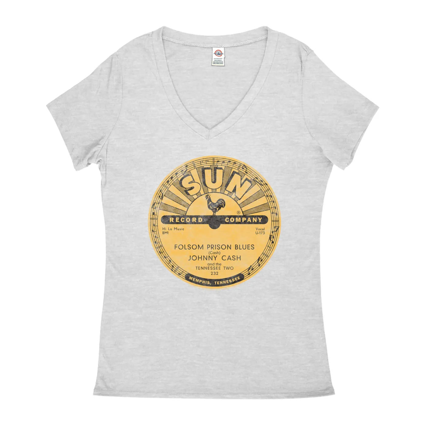 Johnny Cash Ladies' V-neck T-Shirt | Folsom Prison Blues Record Label Distressed Johnny Cash Shirt