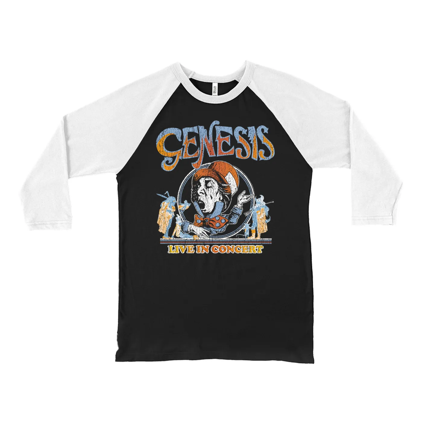 Genesis 3/4 Sleeve Baseball Tee | Mad Hatter Concert Tour Distressed Genesis Shirt