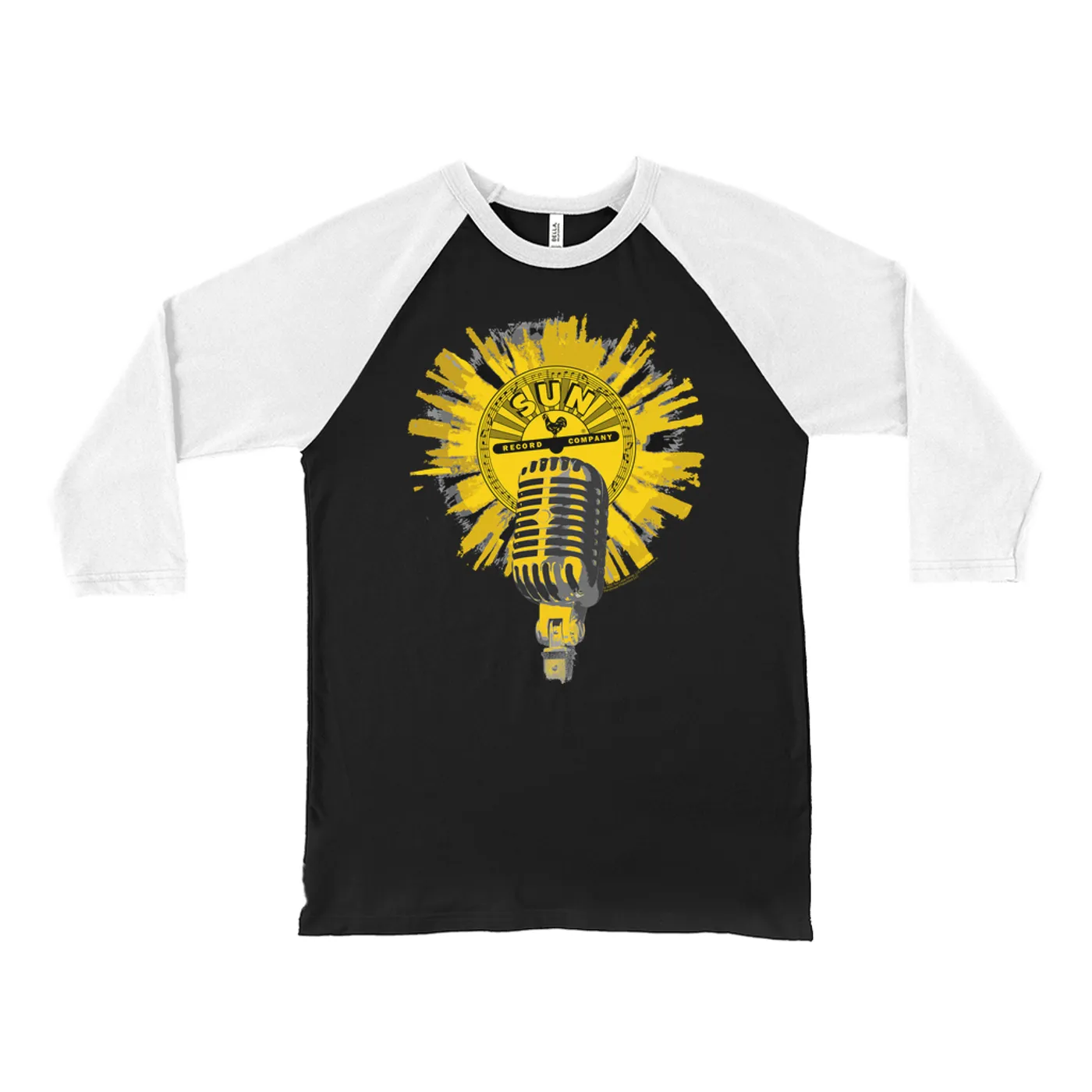 Sun Records 3/4 Sleeve Baseball Tee | Logo And Mic Yellow Burst Sun Records Shirt