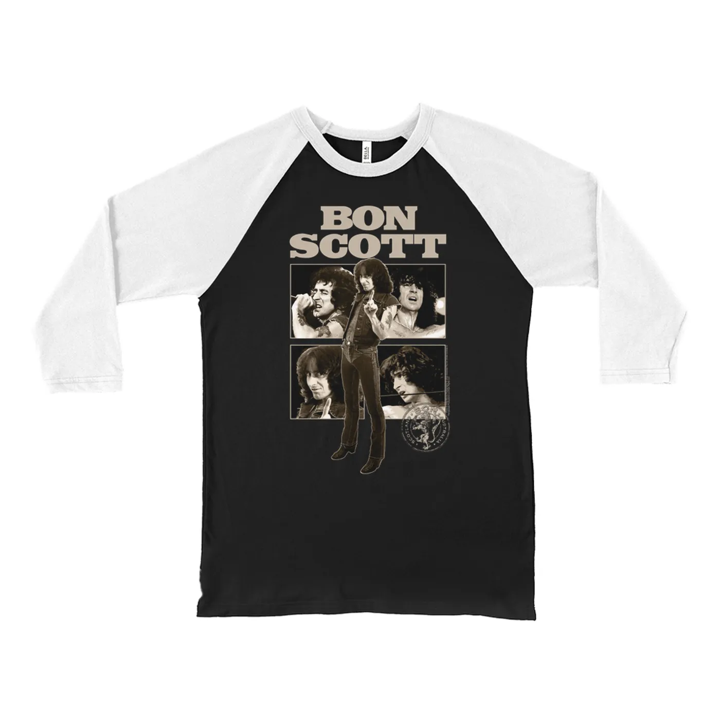 Bon Scott 3/4 Sleeve Baseball Tee | Vintage Photo Collage Bon Scott Shirt