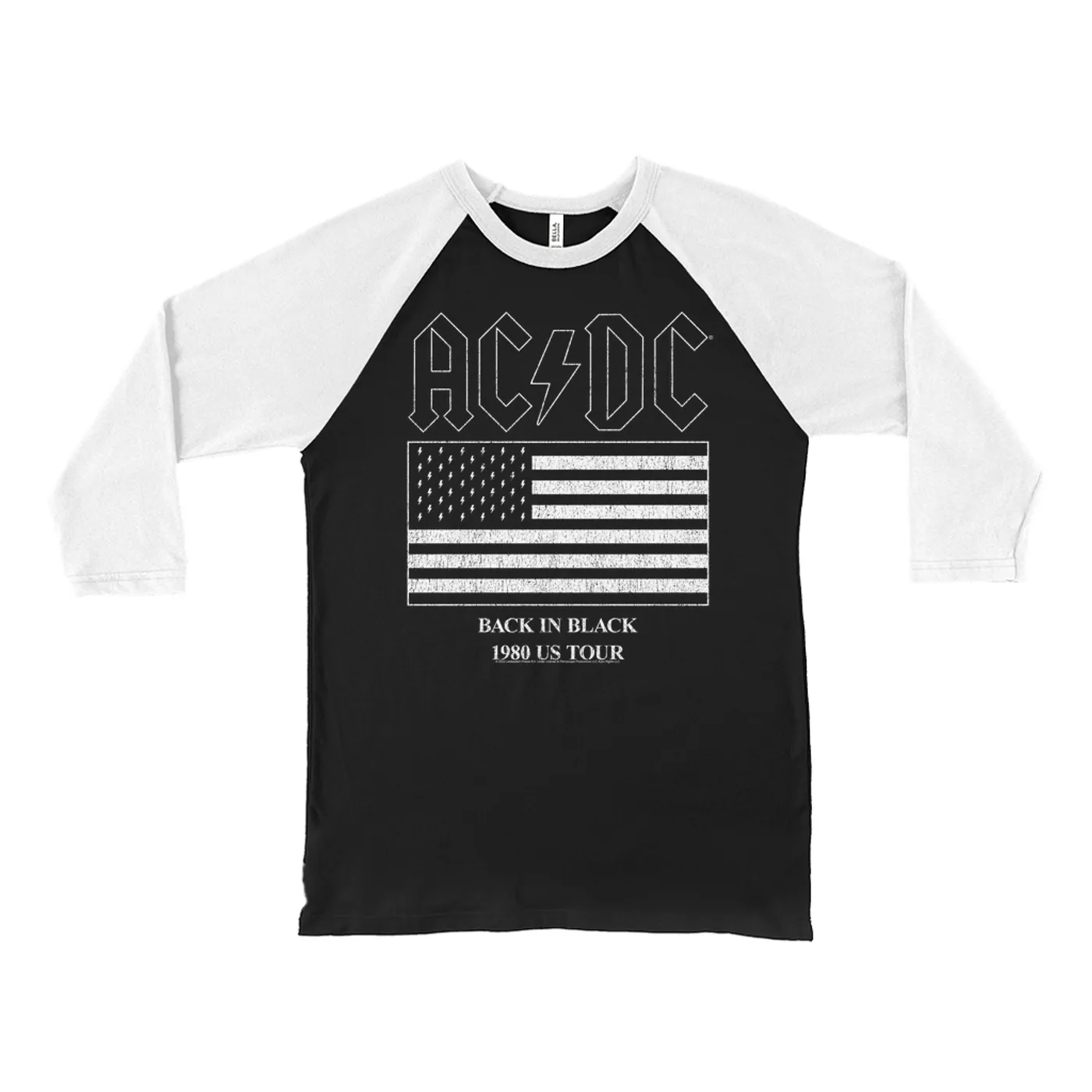 AC/DC 3/4 Sleeve Baseball Tee | Back In Black Flag Tour 1980 Distressed ACDC Shirt