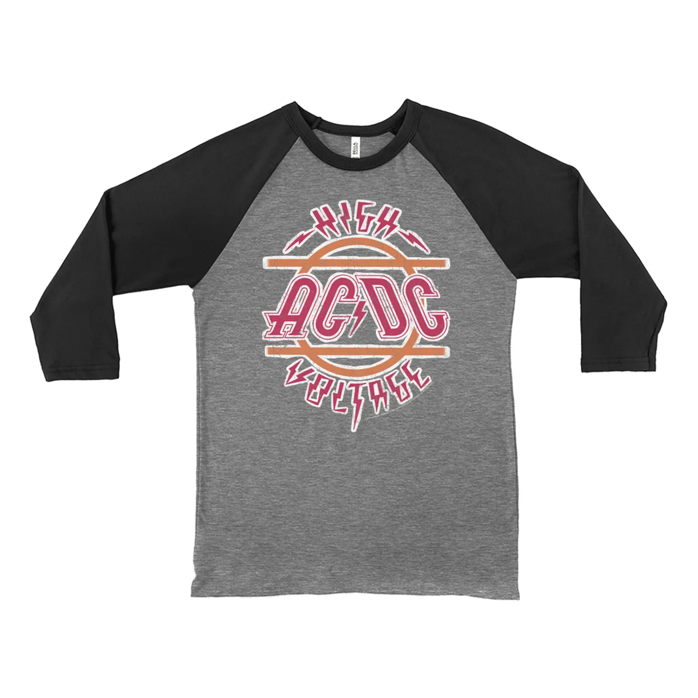 AC/DC 3/4 Sleeve Baseball Tee | Retro Red And Orange High Voltage Distressed ACDC Shirt