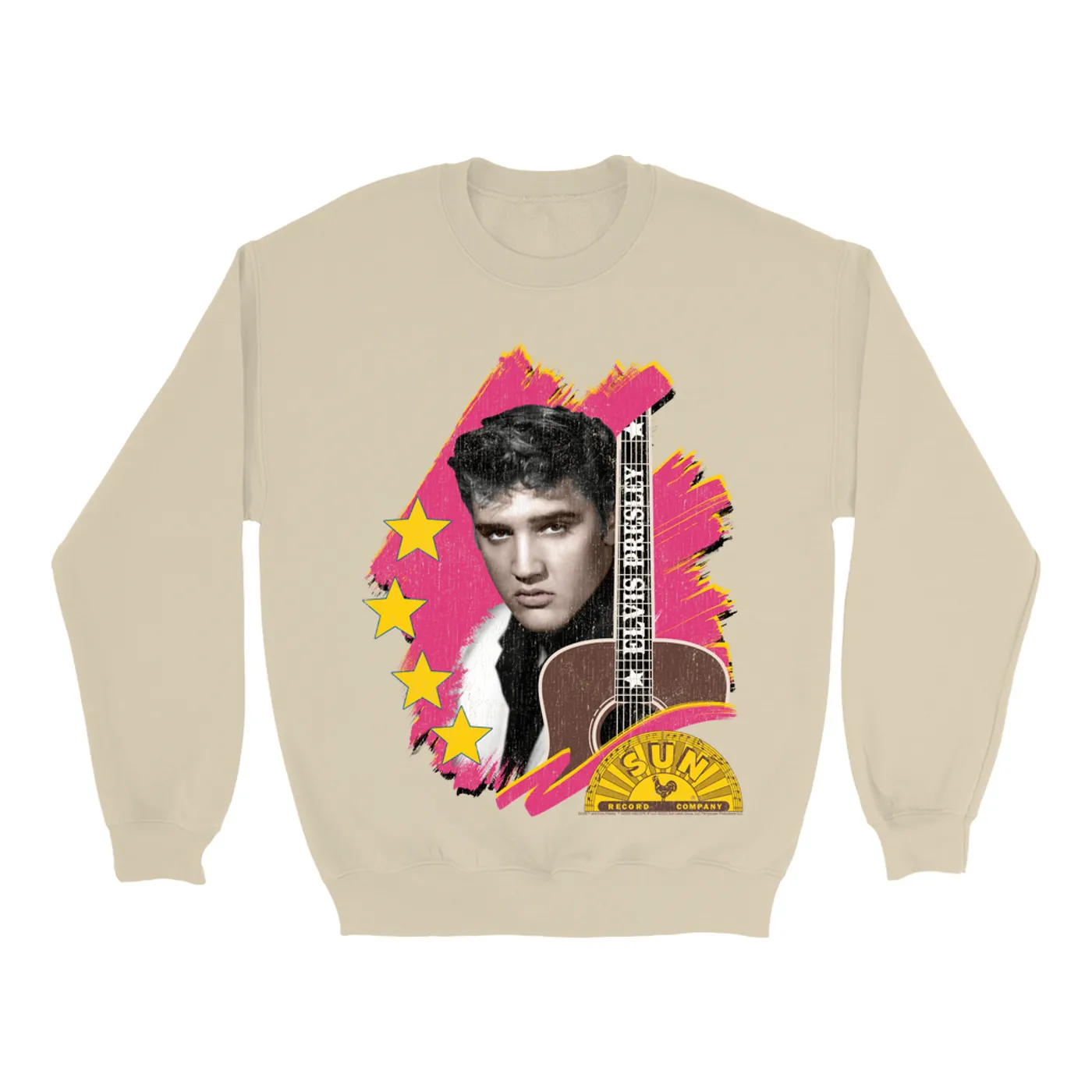 Elvis Presley Sun Records Sweatshirt | Guitar With Pink Brush Strokes Distressed (Merchbar Exclusive) Sun Records Sweatshirt