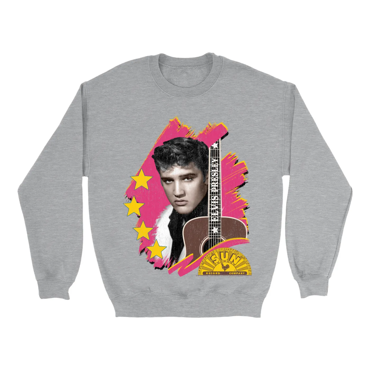 Elvis Presley Sun Records Sweatshirt | Guitar With Pink Brush Strokes Distressed (Merchbar Exclusive) Sun Records Sweatshirt