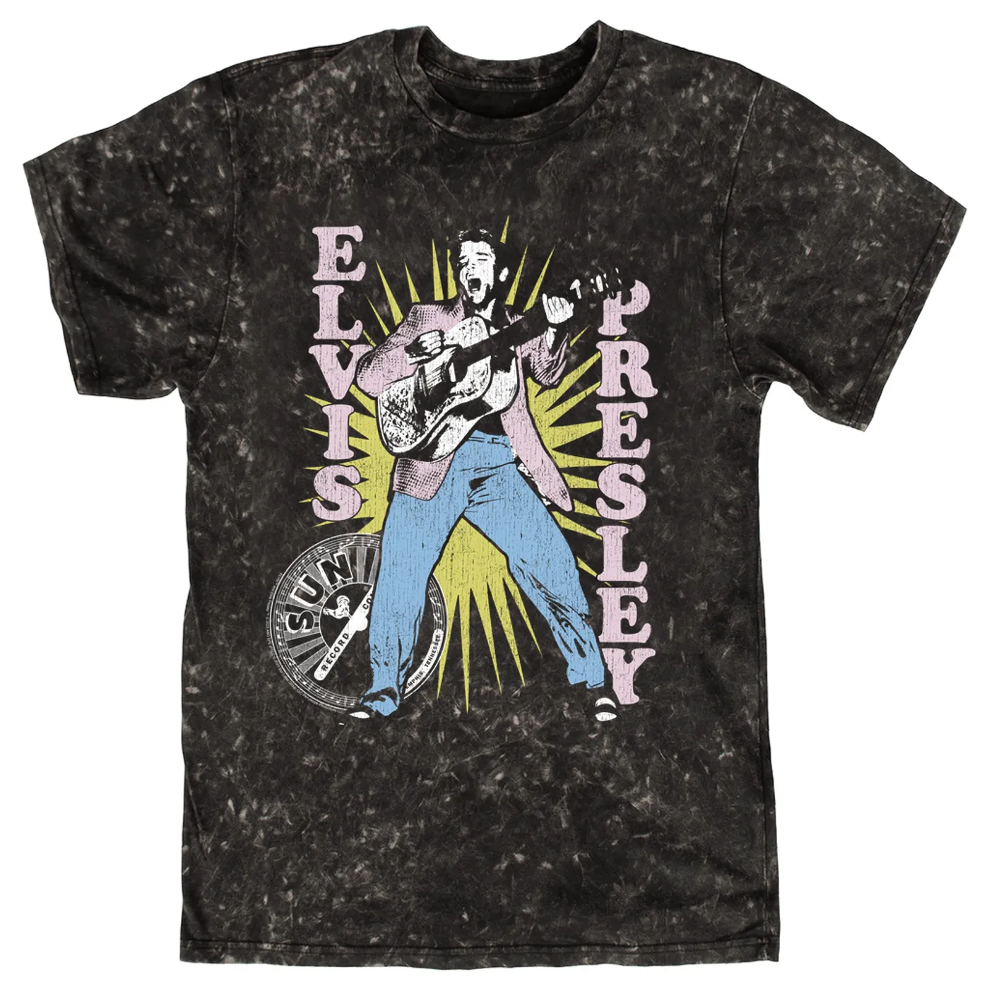 Sun Records T-shirt | Singing Elvis Presley In Burst Distressed (Merchbar Exclusive) Sun Records Mineral Wash Shirt