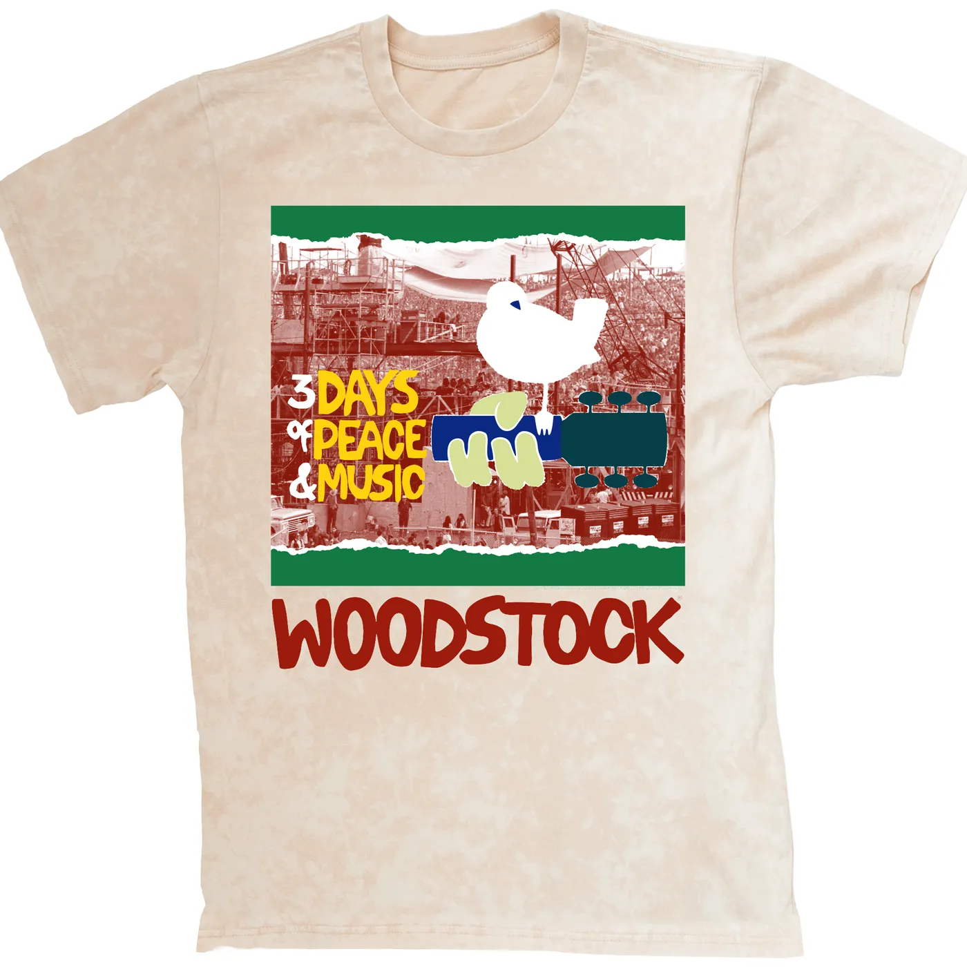 Woodstock T-shirt | Red, Green 3 Days Of Peace Structure Design (Merchbar Exclusive) Woodstock Mineral Wash Shirt
