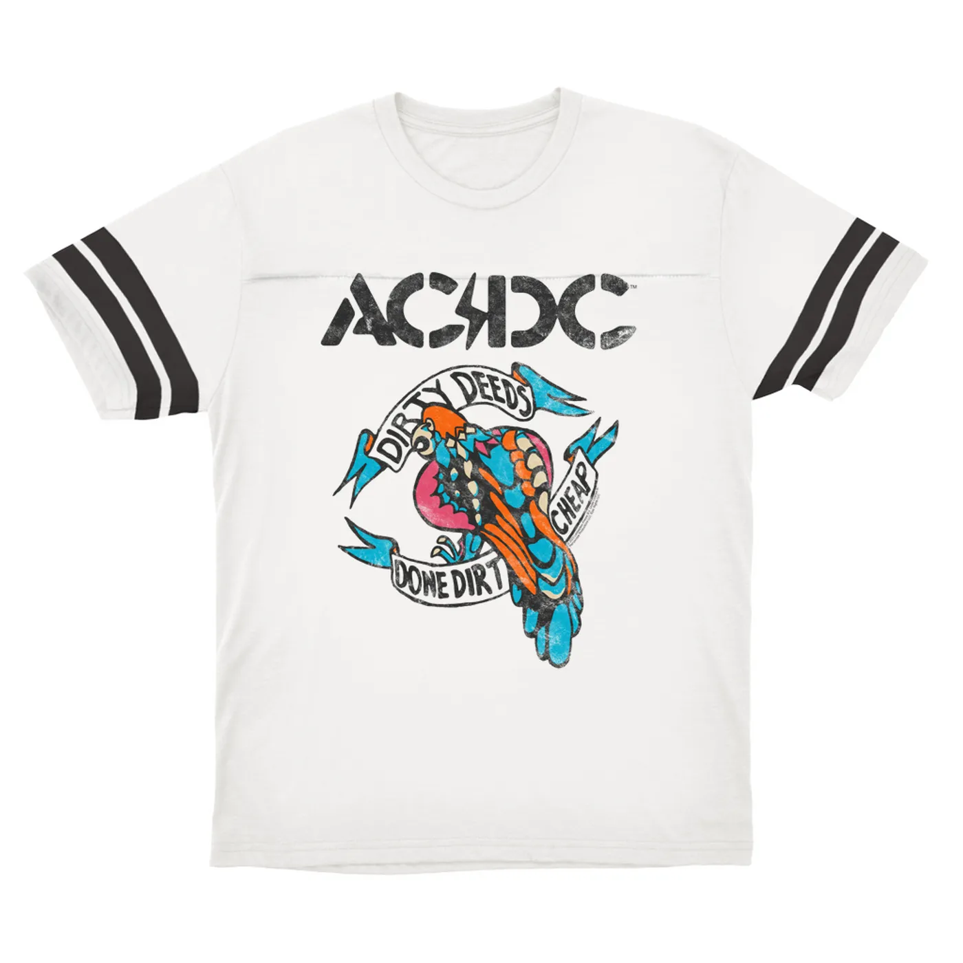 AC/DC T-Shirt | Colorful Dirty Deeds Done Dirt Cheap Tattoo Distressed (Merchbar Exclusive) ACDC Football Shirt