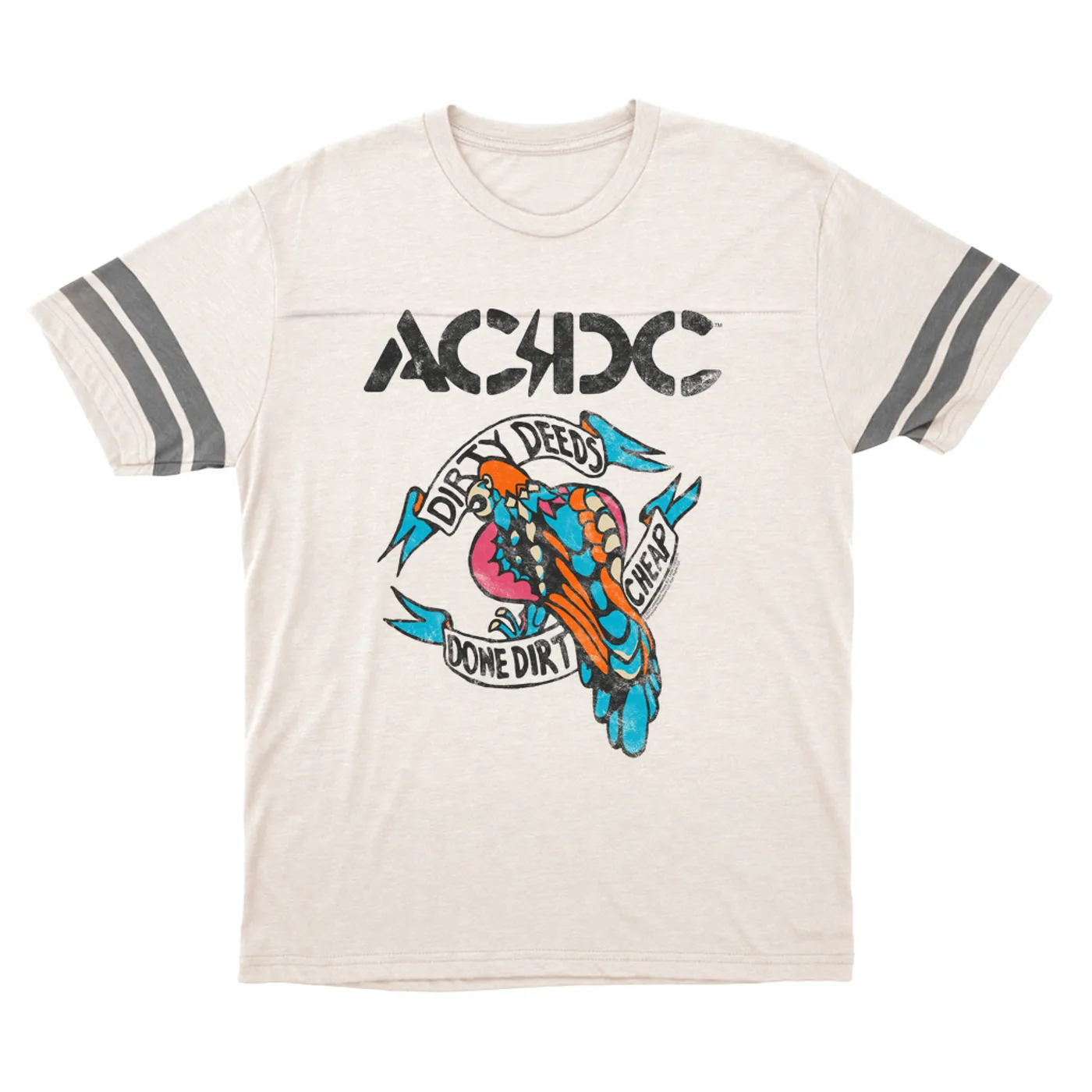 AC/DC T-Shirt | Colorful Dirty Deeds Done Dirt Cheap Tattoo Distressed (Merchbar Exclusive) ACDC Football Shirt
