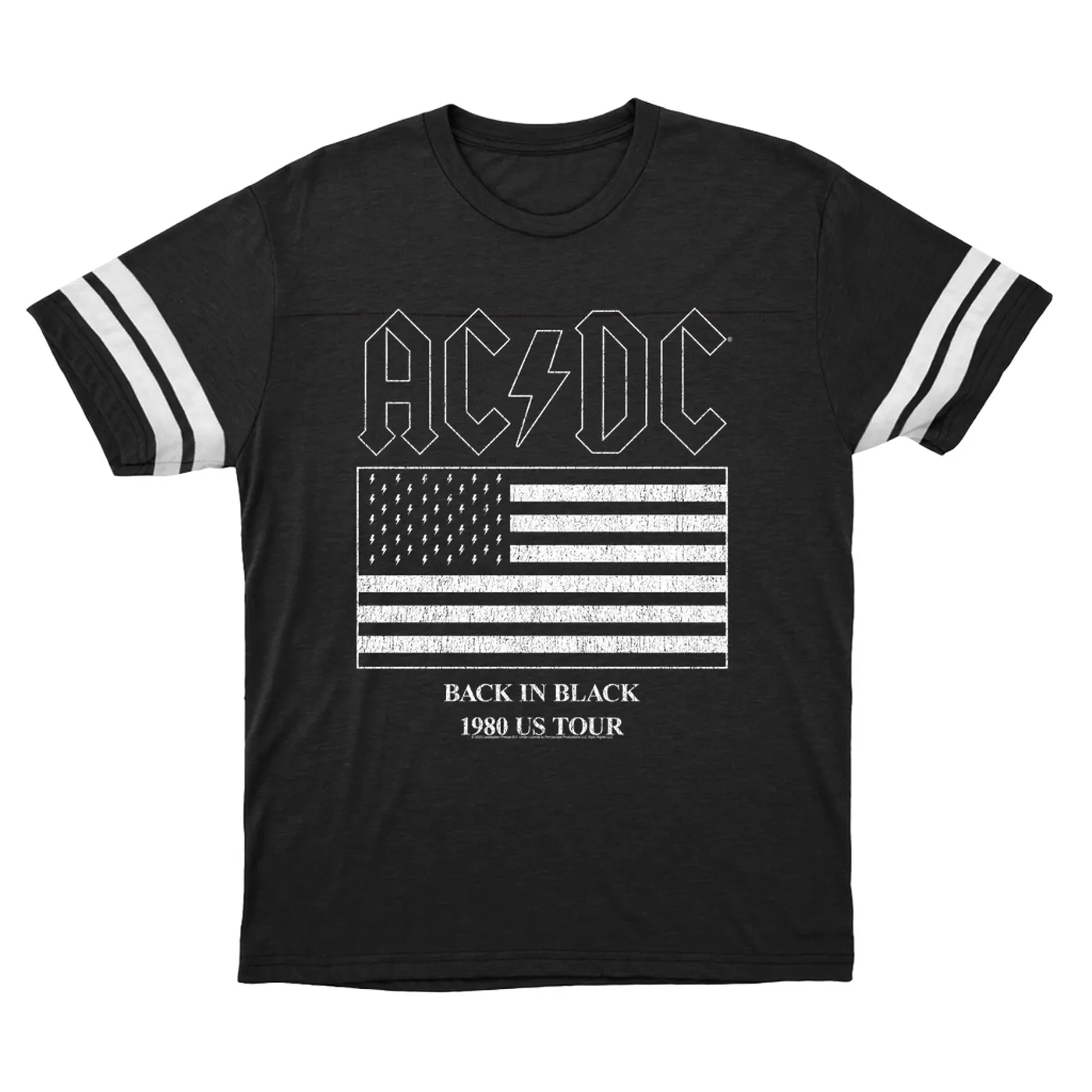 AC/DC T-Shirt | Back In Black Flag Tour 1980 Distressed ACDC Football Shirt