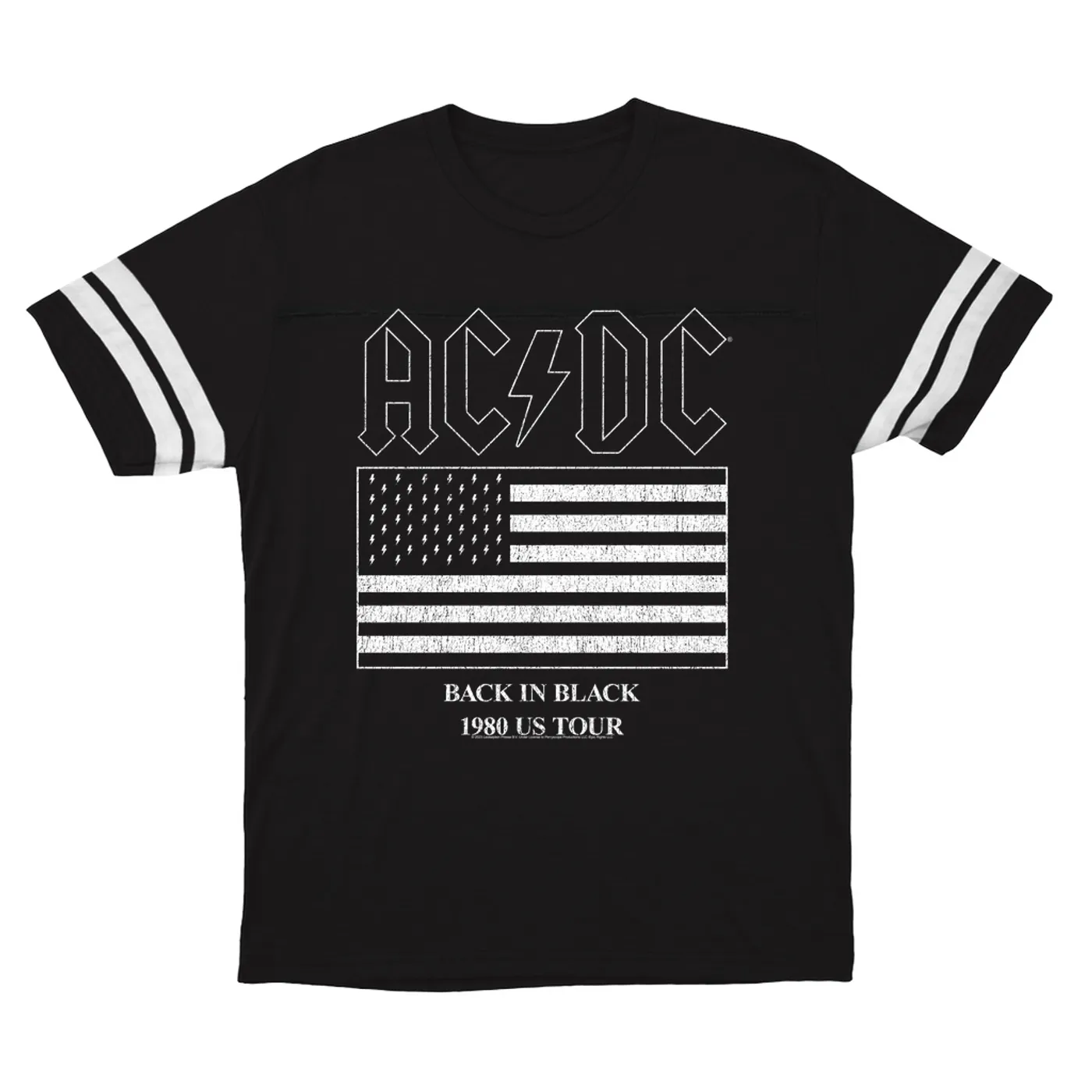 AC/DC T-Shirt | Back In Black Flag Tour 1980 Distressed ACDC Football Shirt