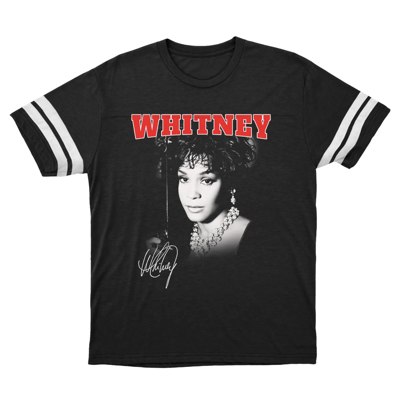 Whitney Houston T-Shirt | Black And White Photo Collegiate Logo Whitney Houston Football Shirt