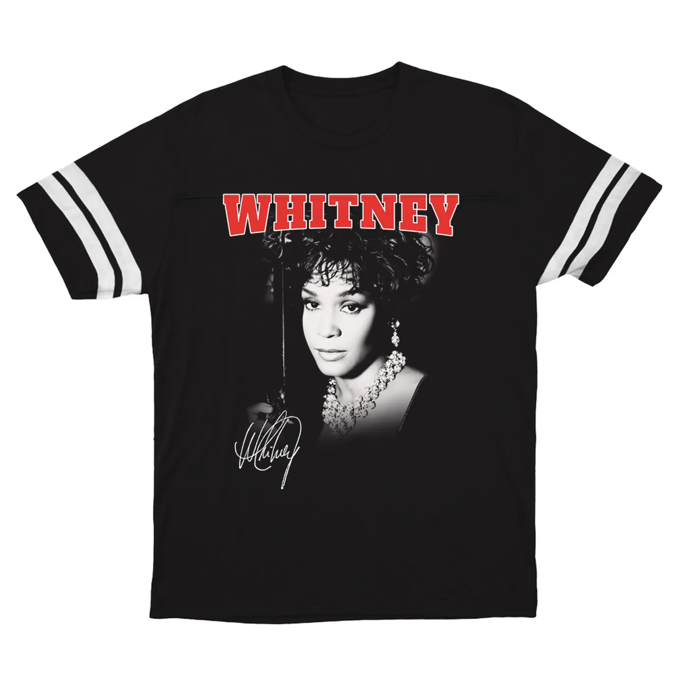 Whitney Houston T-Shirt | Black And White Photo Collegiate Logo Whitney Houston Football Shirt