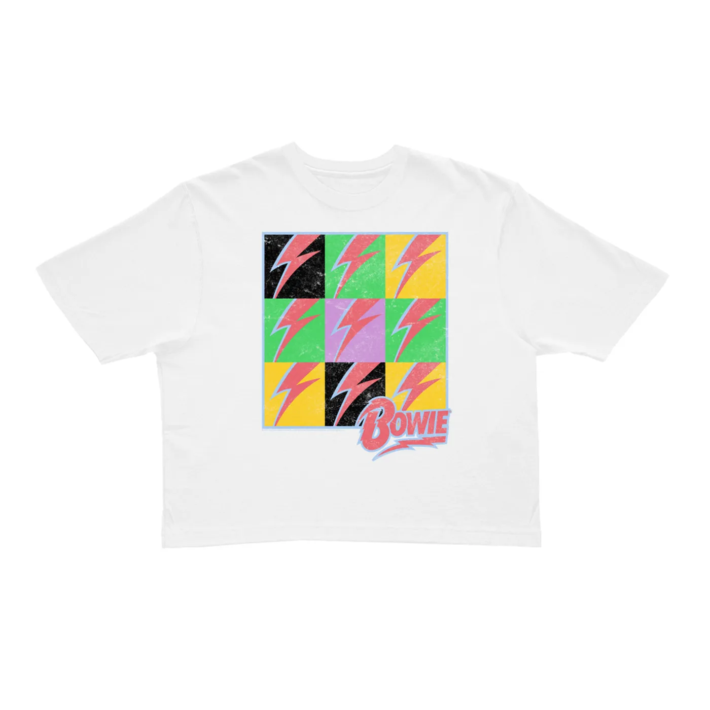 David Bowie Ladies' Crop Tee | Pop Art Bolt Design Distressed David Bowie Crop T-shirt