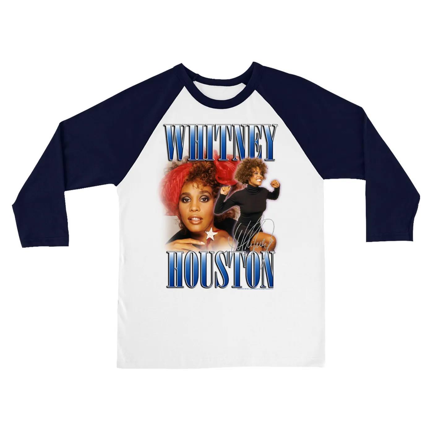Whitney Houston 3/4 Sleeve Baseball Tee | Blue Collage Duo Whitney Houston Shirt