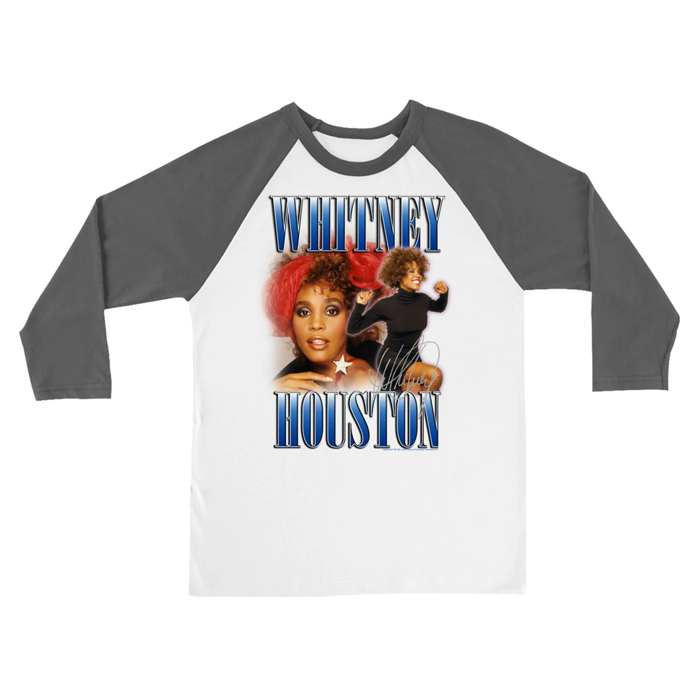 Whitney Houston 3/4 Sleeve Baseball Tee | Blue Collage Duo Whitney Houston Shirt