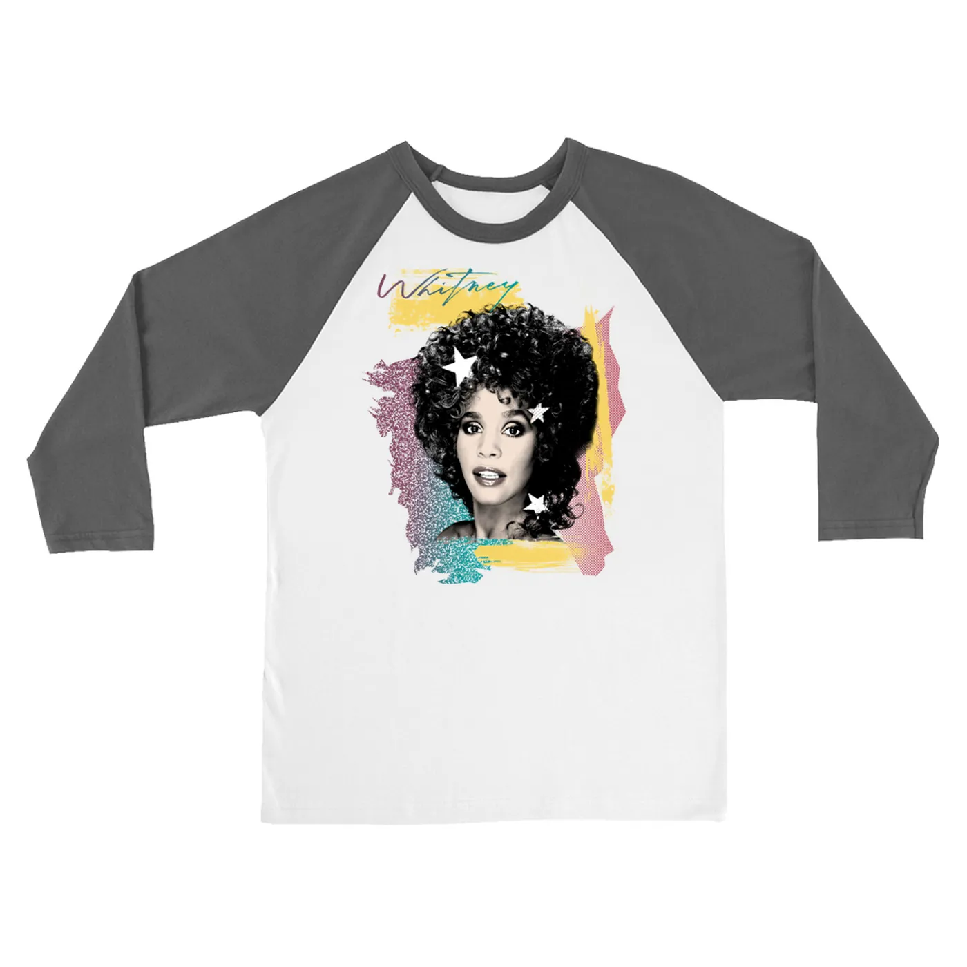Whitney Houston 3/4 Sleeve Baseball Tee | 1987 Colorful Design (Merchbar Exclusive) Whitney Houston Shirt