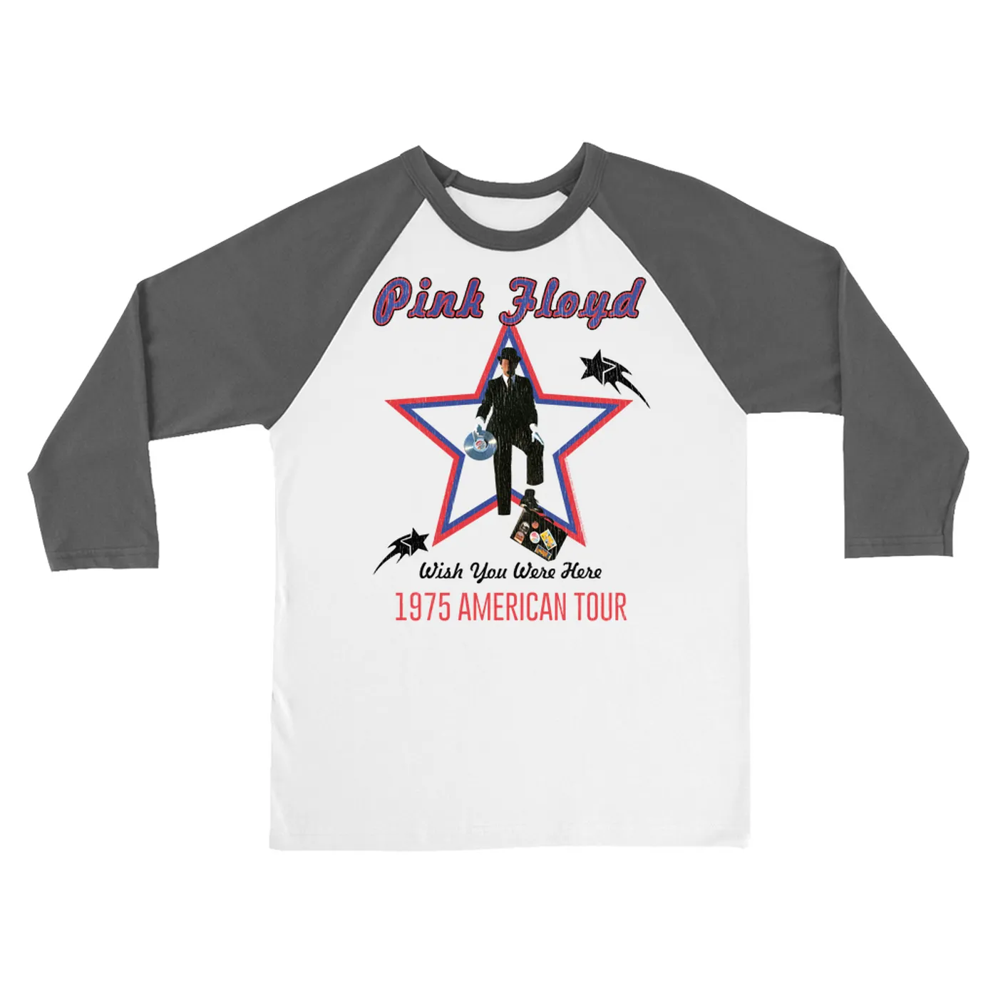 Pink Floyd 3/4 Sleeve Baseball Tee | Wish You Were Here 1975 American Tour Distressed Pink Floyd Shirt