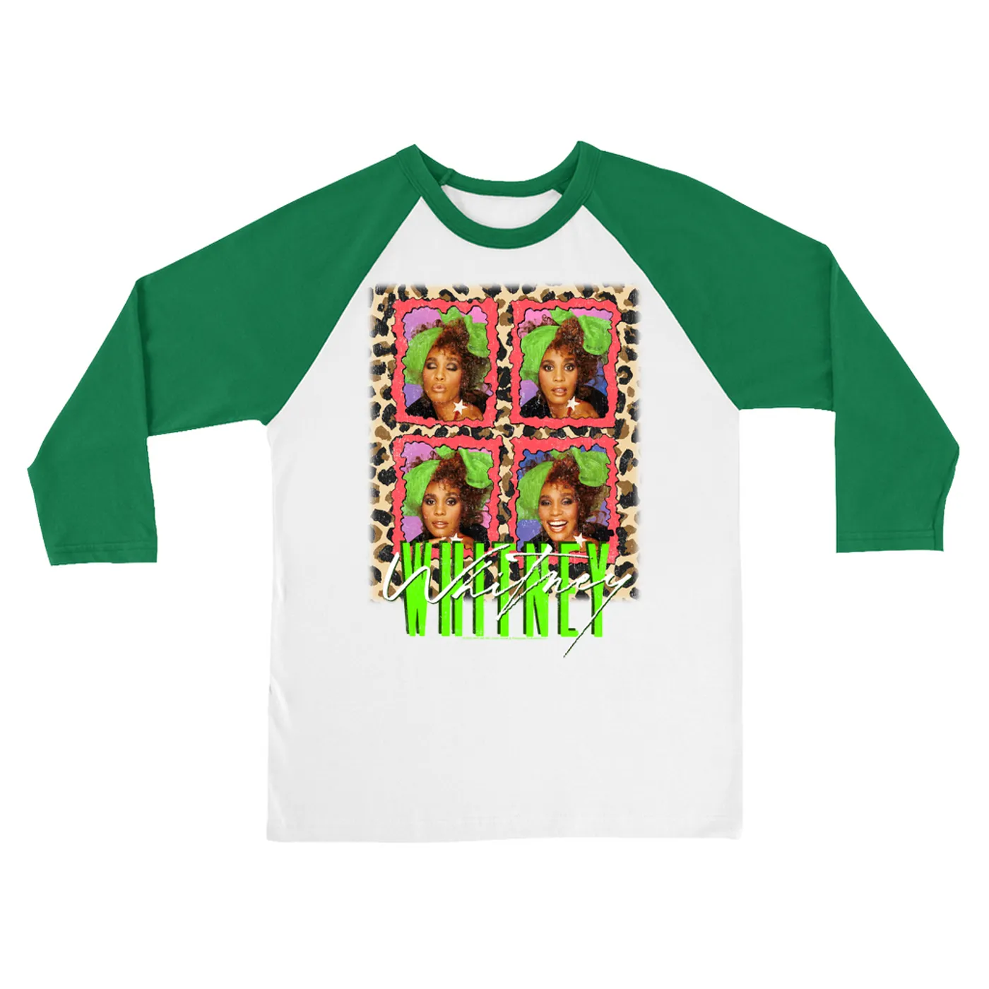 Whitney Houston 3/4 Sleeve Baseball Tee | Leopard Pop Art (Merchbar Exclusive) Whitney Houston Shirt