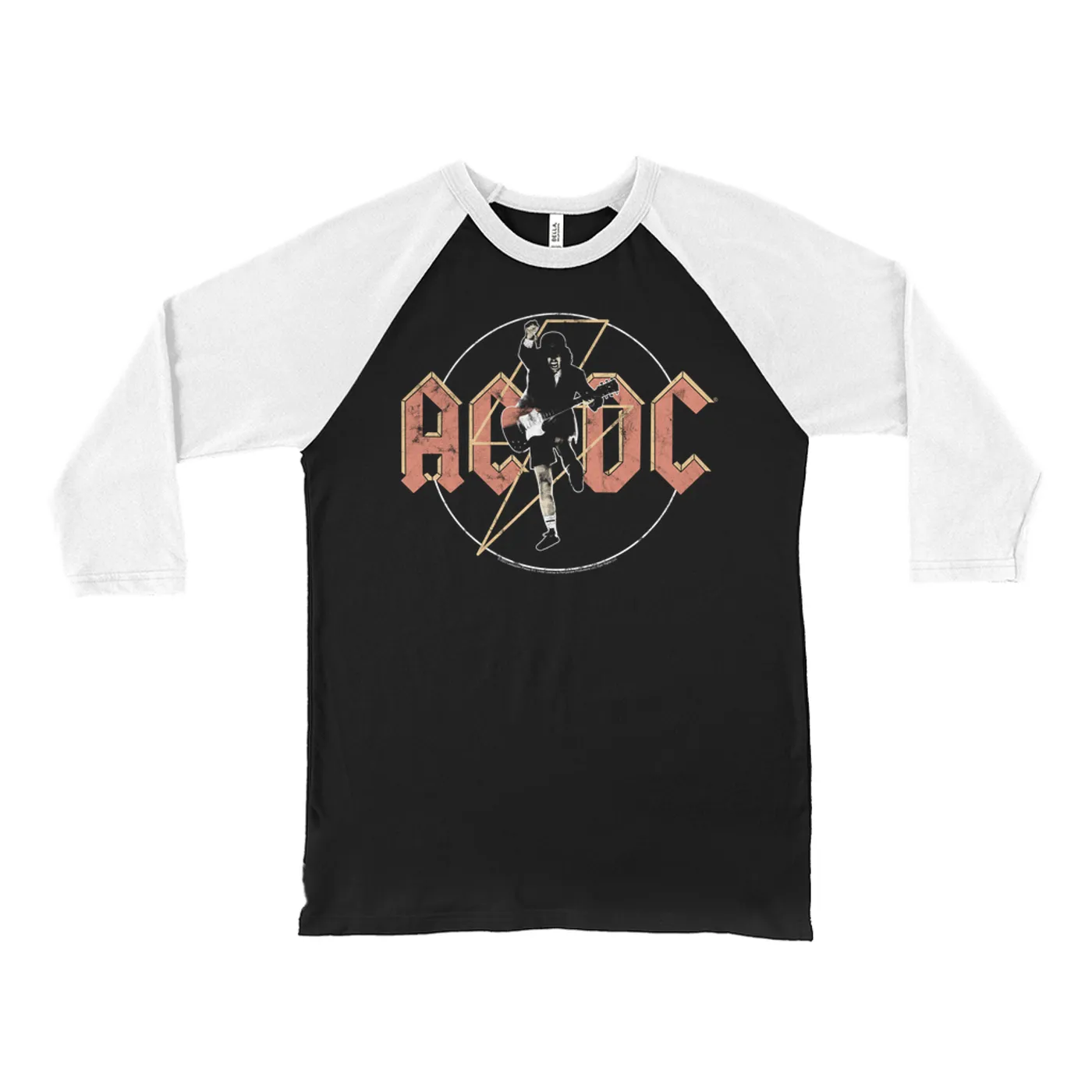 AC/DC 3/4 Sleeve Baseball Tee | Angus Young And Logo Distressed ACDC Shirt