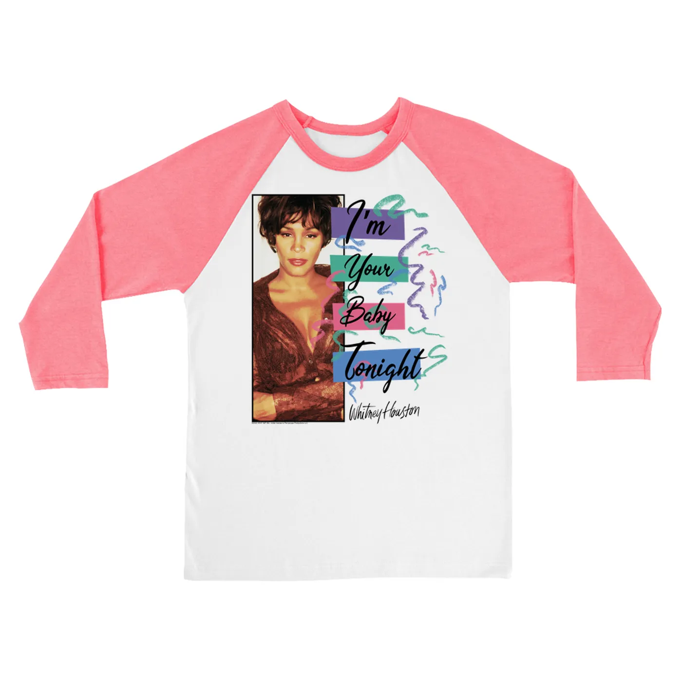 Whitney Houston 3/4 Sleeve Baseball Tee | I'm Your Baby Tonight Pastel Party (Merchbar Exclusive) Whitney Houston Shirt