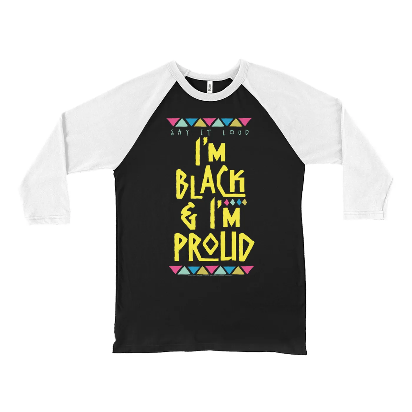 James Brown 3/4 Sleeve Baseball Tee | Black And Proud Yellow Bunting Design James Brown Shirt