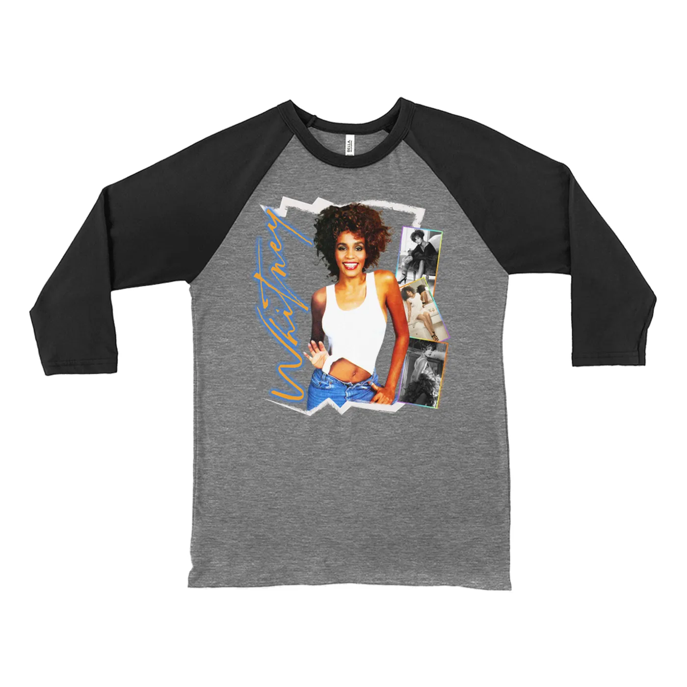 Whitney Houston 3/4 Sleeve Baseball Tee | Rainbow Ombre Electric Collage (Merchbar Exclusive) Whitney Houston Shirt