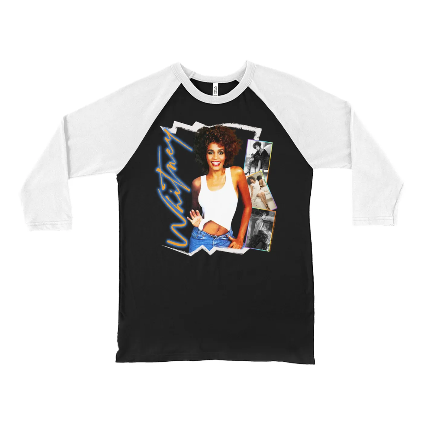 Whitney Houston 3/4 Sleeve Baseball Tee | Rainbow Ombre Electric Collage (Merchbar Exclusive) Whitney Houston Shirt