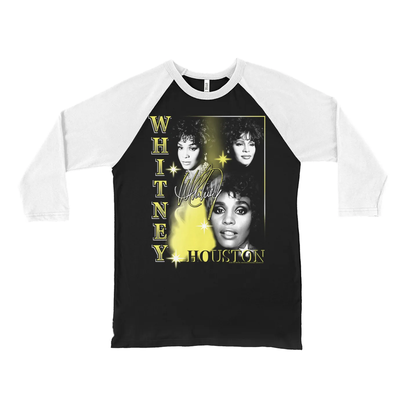 Whitney Houston 3/4 Sleeve Baseball Tee | Yellow Classic Collage Whitney Houston Shirt