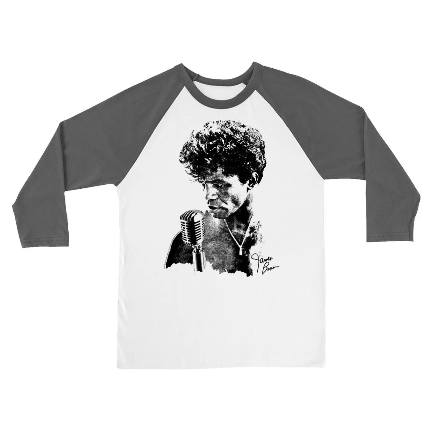 James Brown 3/4 Sleeve Baseball Tee | Grainy Black White Photo With Signature James Brown Shirt