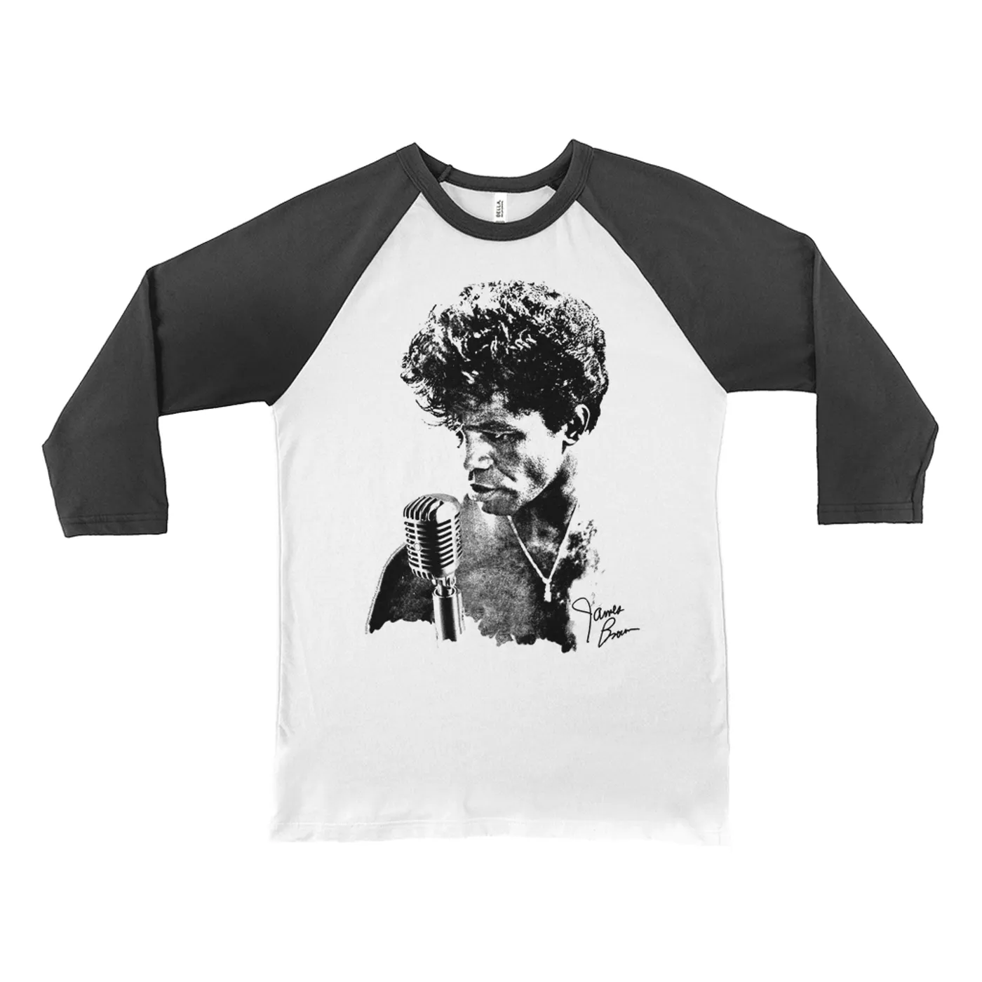 James Brown 3/4 Sleeve Baseball Tee | Grainy Black White Photo With Signature James Brown Shirt