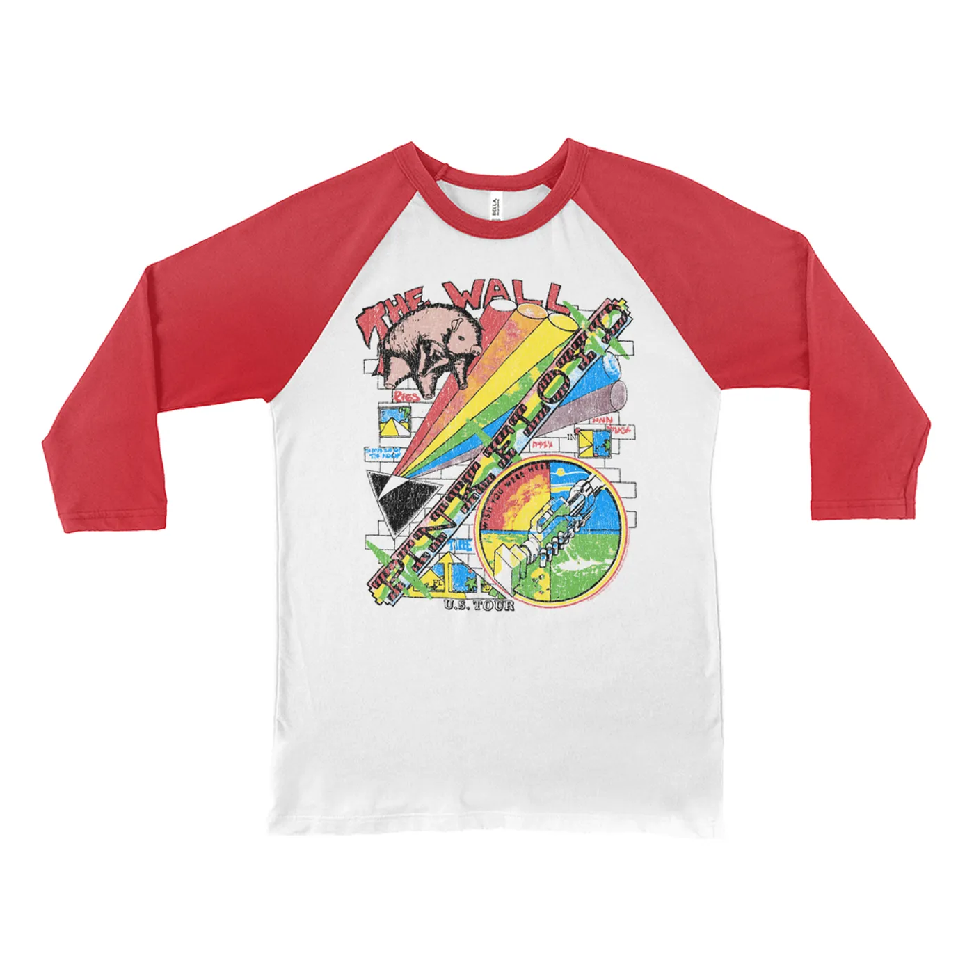 Pink Floyd 3/4 Sleeve Baseball Tee | The Wall U.S. Tour Sketch Distressed Pink Floyd Shirt