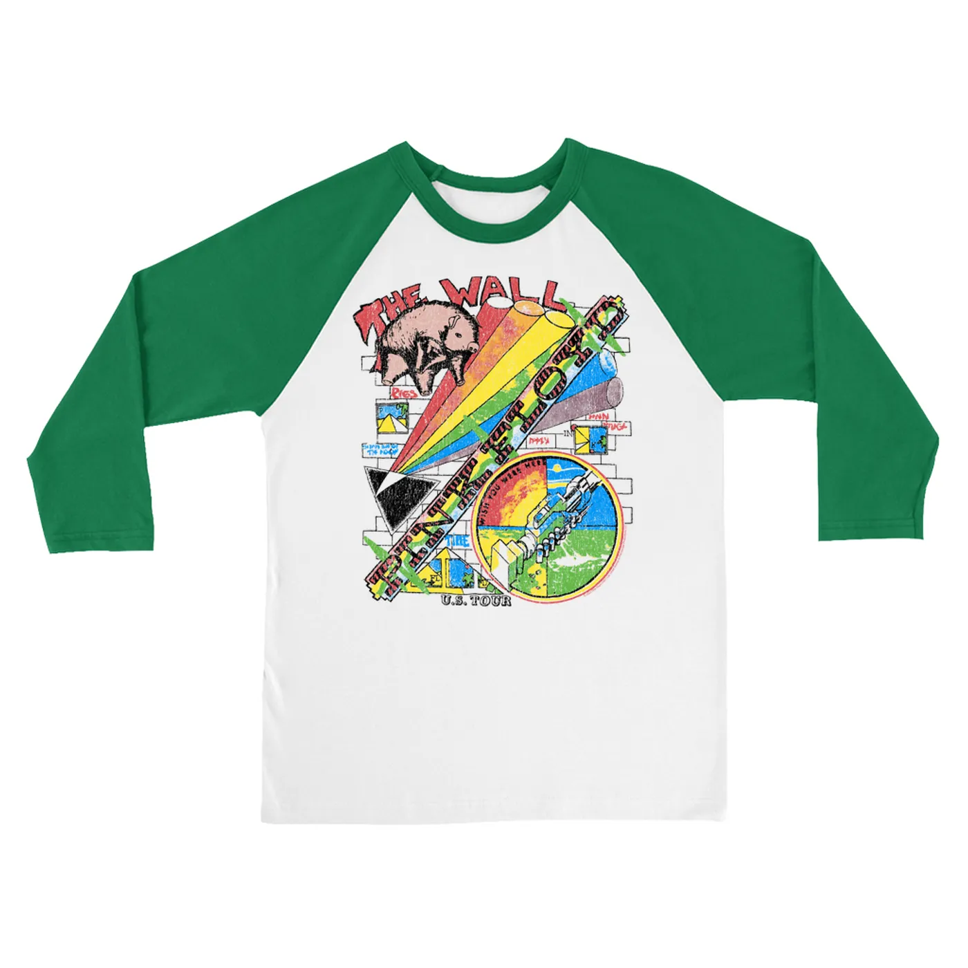 Pink Floyd 3/4 Sleeve Baseball Tee | The Wall U.S. Tour Sketch Distressed Pink Floyd Shirt