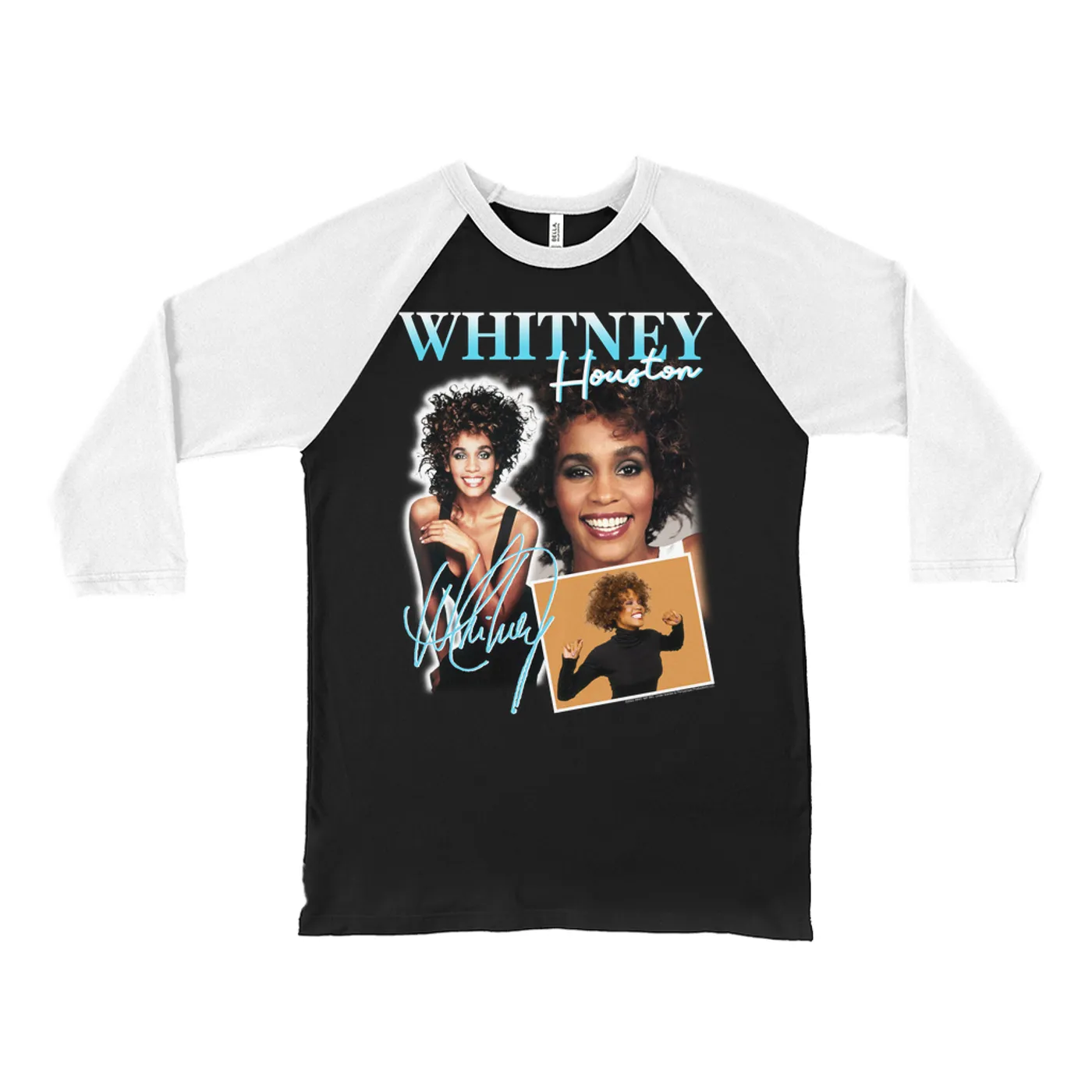 Whitney Houston 3/4 Sleeve Baseball Tee | 1987 Turquoise Photo Collage Design Whitney Houston Shirt
