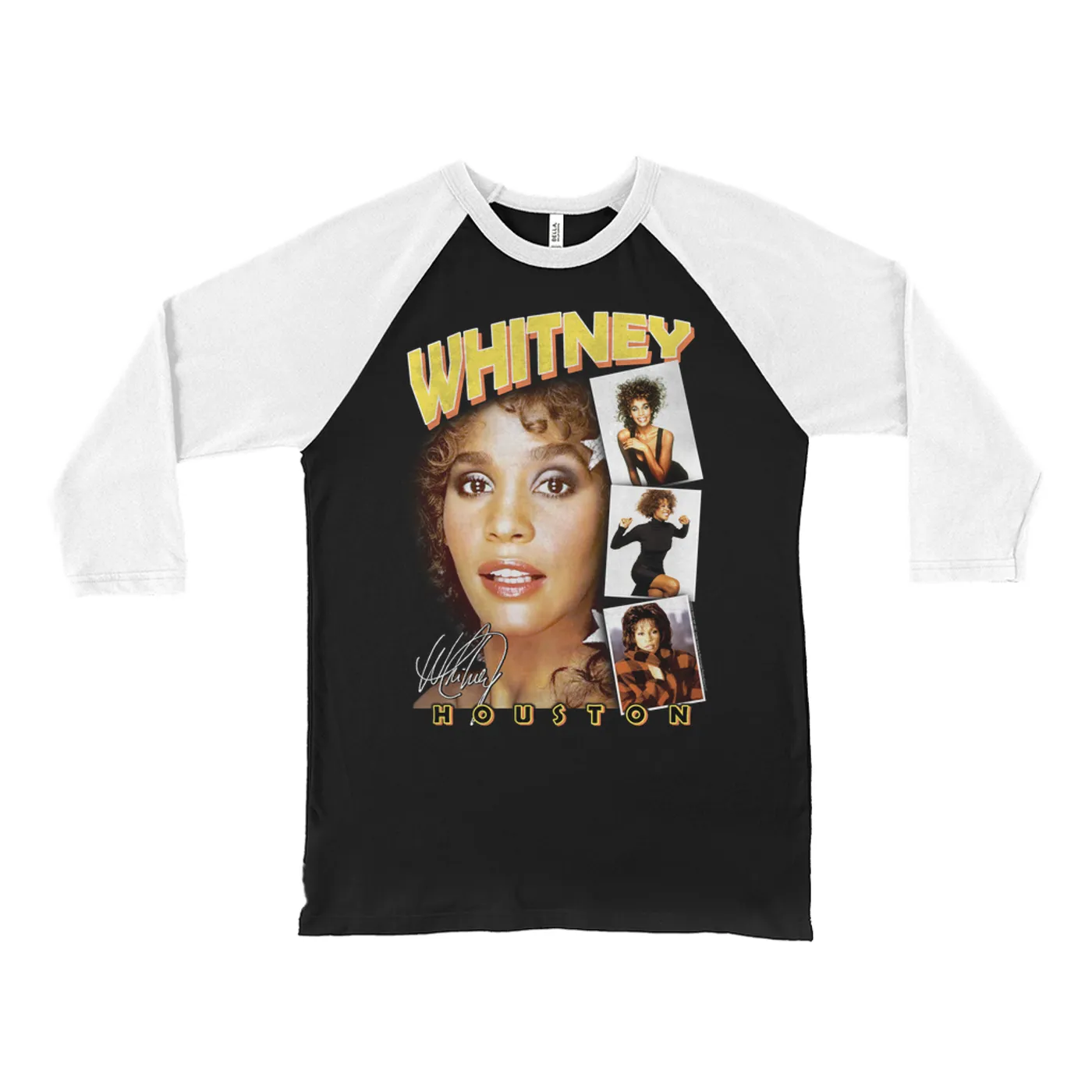 Whitney Houston 3/4 Sleeve Baseball Tee | Film Strip Collage Design Whitney Houston Shirt