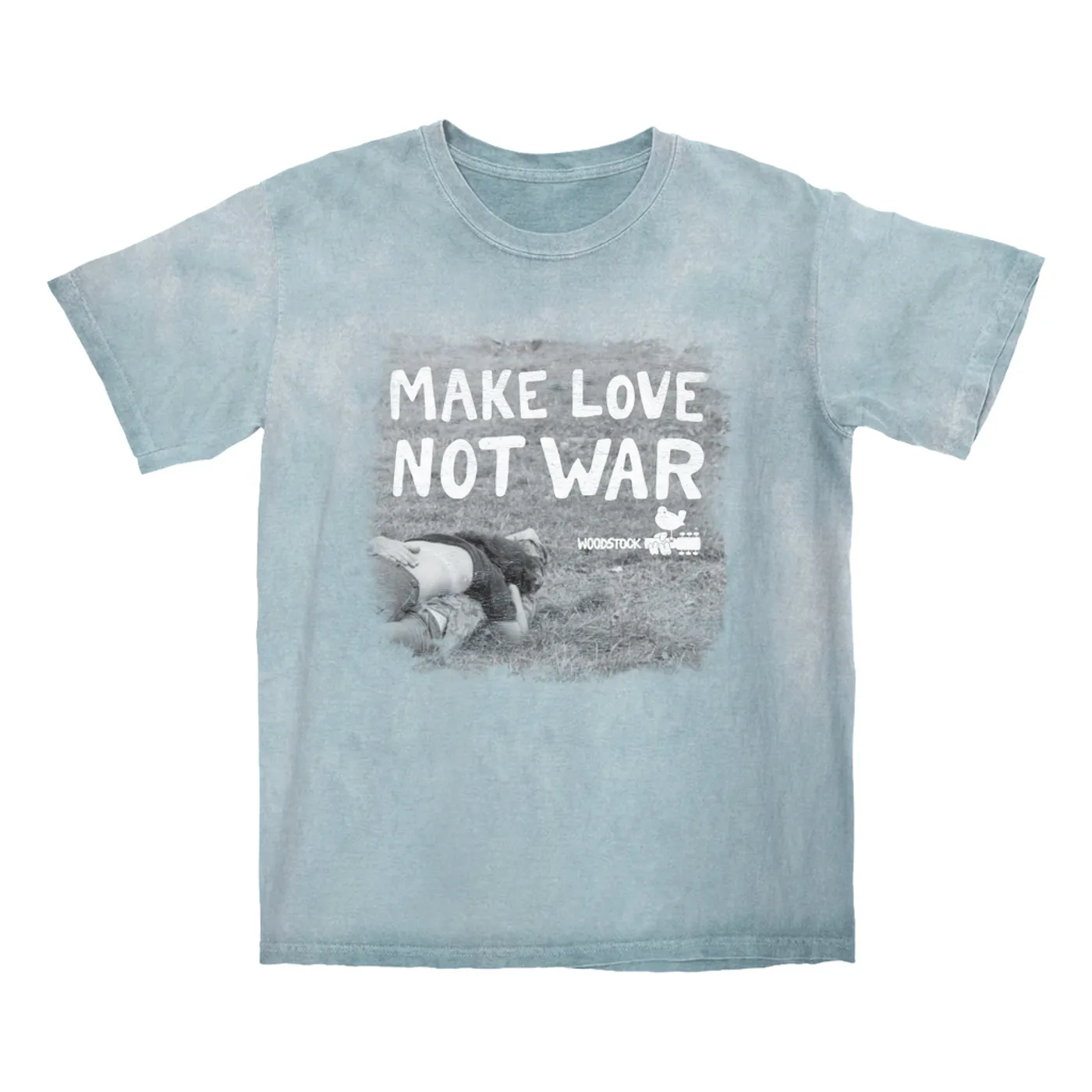 Woodstock T-shirt | Make Love Not War Famous Image Distressed (Merchbar Exclusive) Woodstock Color Blast Shirt