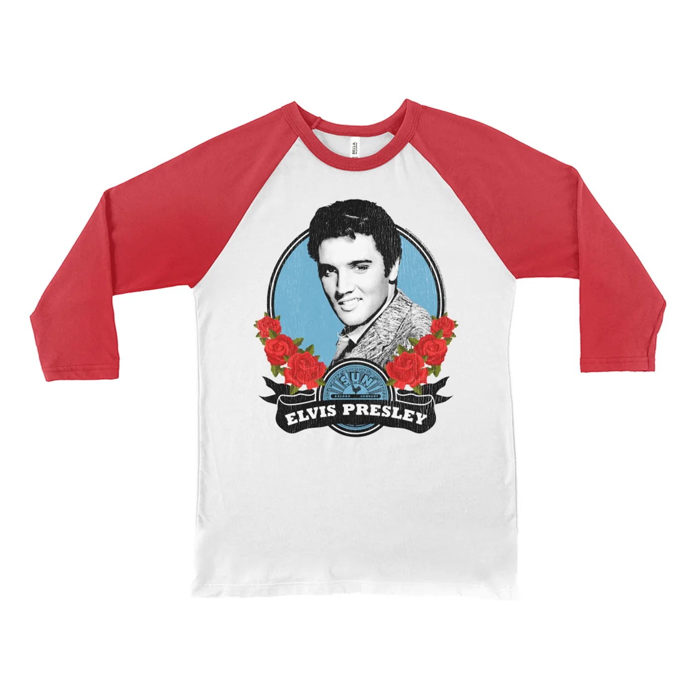 Sun Records 3/4 Sleeve Baseball Tee | Elvis Presley In Roses Distressed (Merchbar Exclusive) Sun Records Shirt