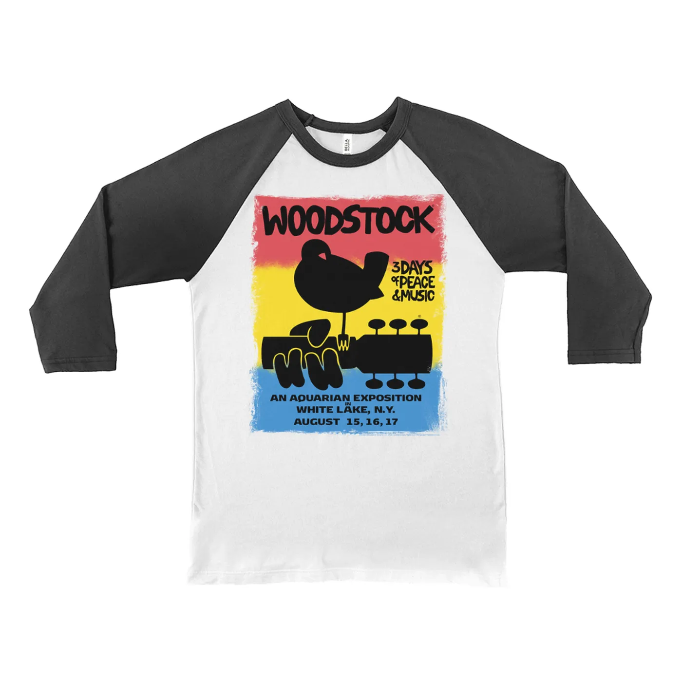 Woodstock 3/4 Sleeve Baseball Tee | Colorful Ombre Festival Poster Image Woodstock Shirt