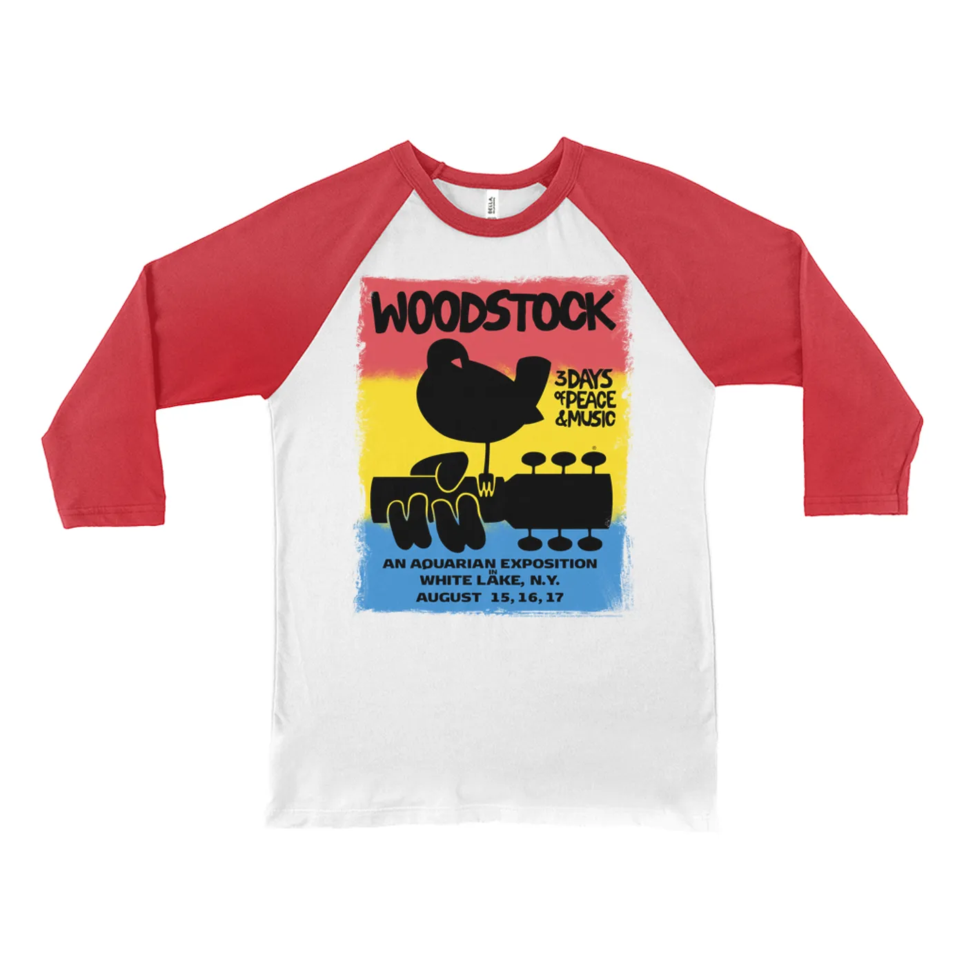 Woodstock 3/4 Sleeve Baseball Tee | Colorful Ombre Festival Poster Image Woodstock Shirt