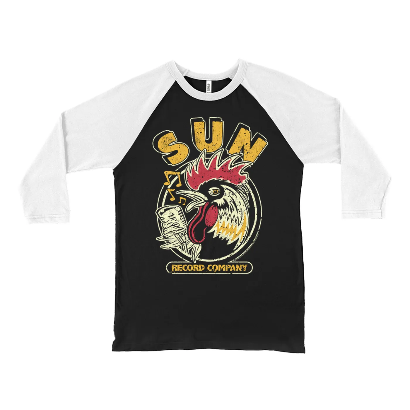 Sun Records 3/4 Sleeve Baseball Tee | Vintage Rooster Record Label Logo Distressed Sun Records Shirt