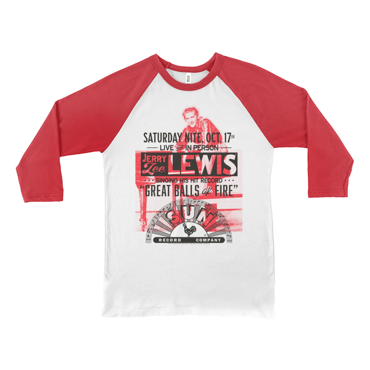 Jerry Lee Lewis Sun Records 3/4 Sleeve Baseball Tee | Great Balls of Fire Live In Concert Sun Records Shirt